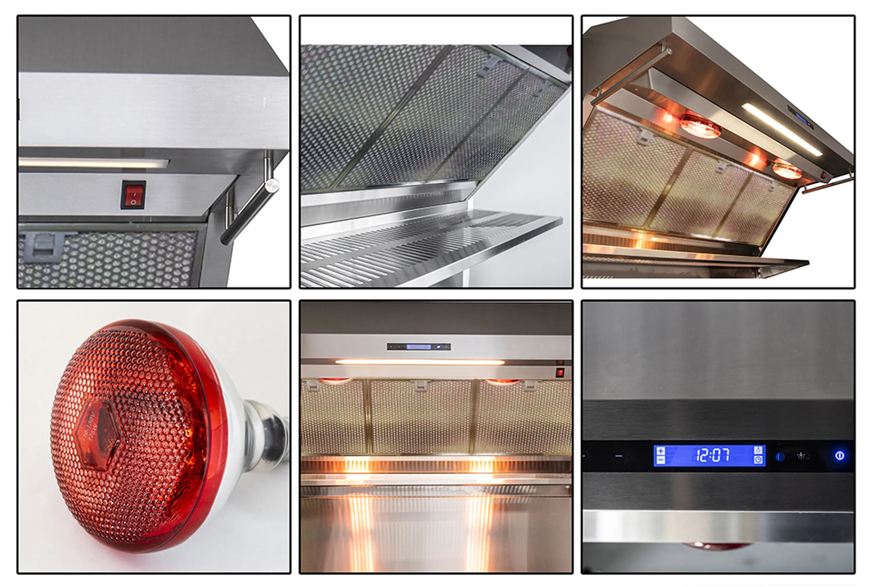 Wall mount range hood close-up details showing red warmer light, filter mesh, and controls
