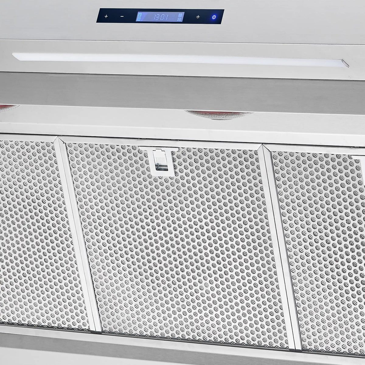 Stainless steel range hood front with perforated hybrid filter panels