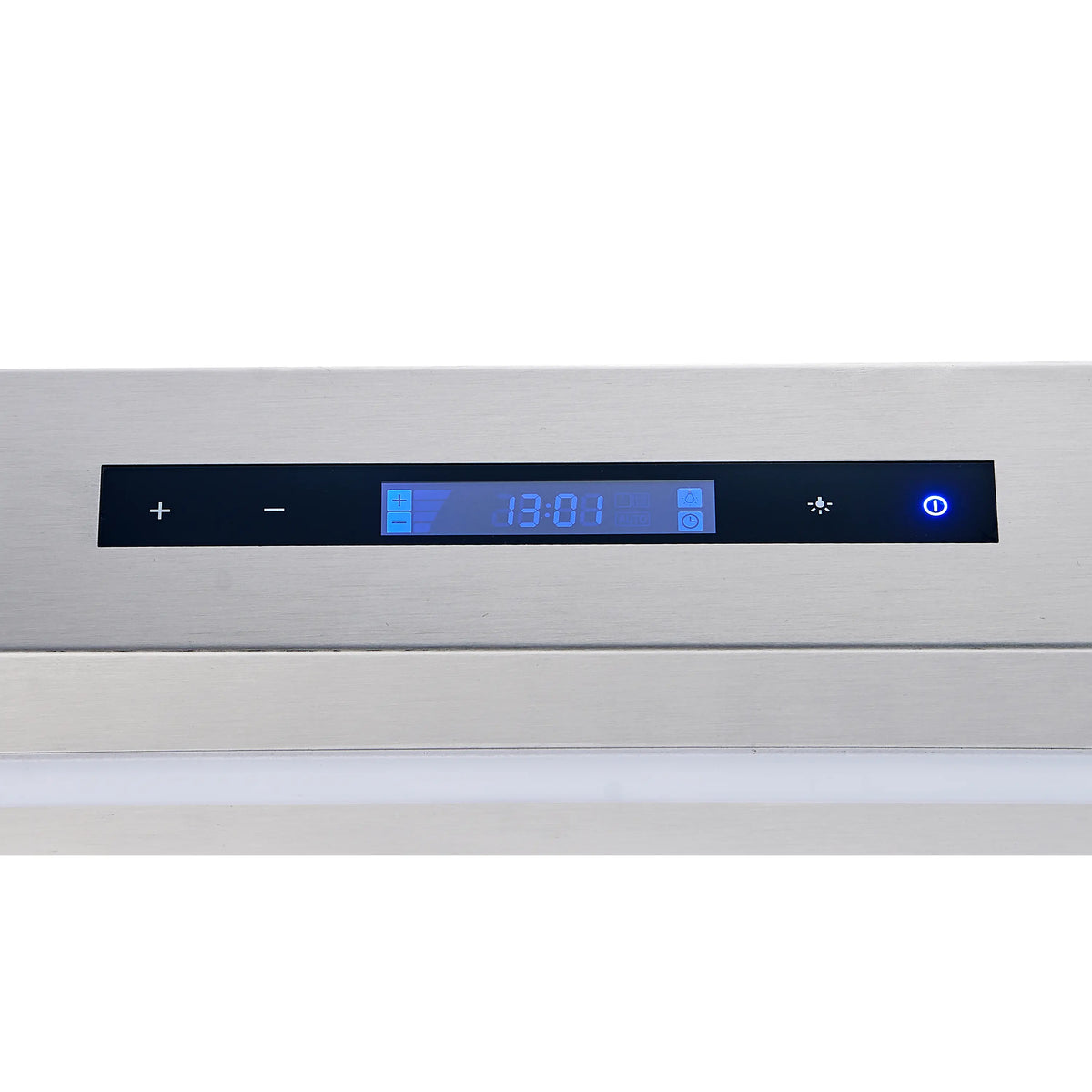 Stainless steel range hood control panel with blue digital display