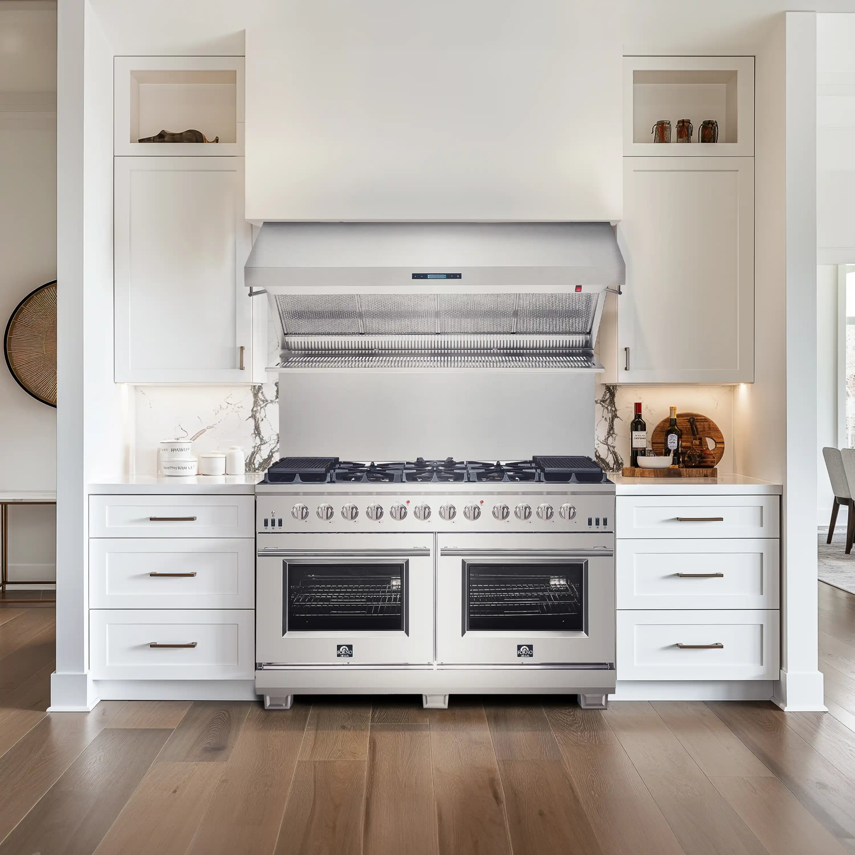 Stainless steel wall-mount range hood with open filter canopy and backsplash
