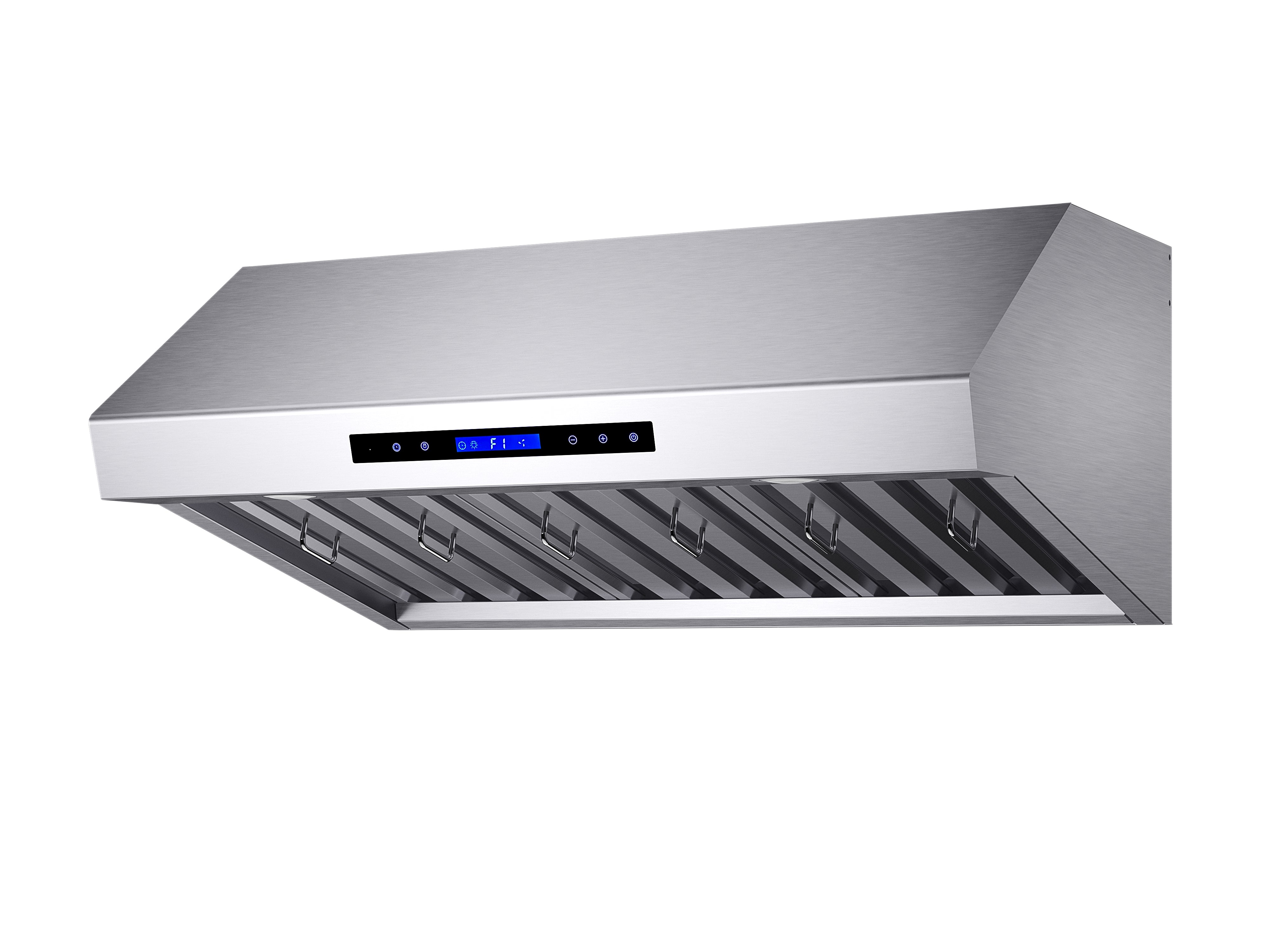 Stainless steel under-cabinet range hood with side view of control panel and filter baffles