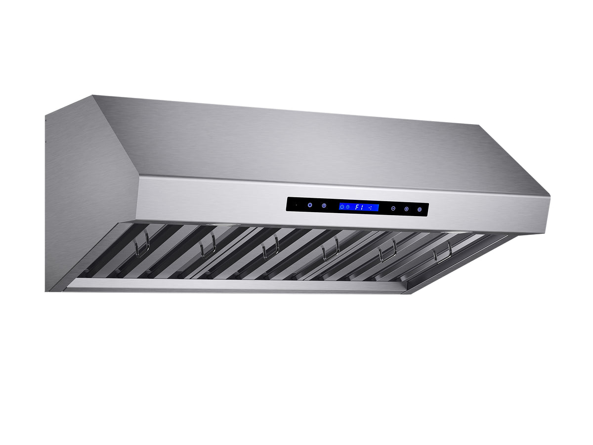 Stainless steel under-cabinet range hood with control panel and grease filter baffles