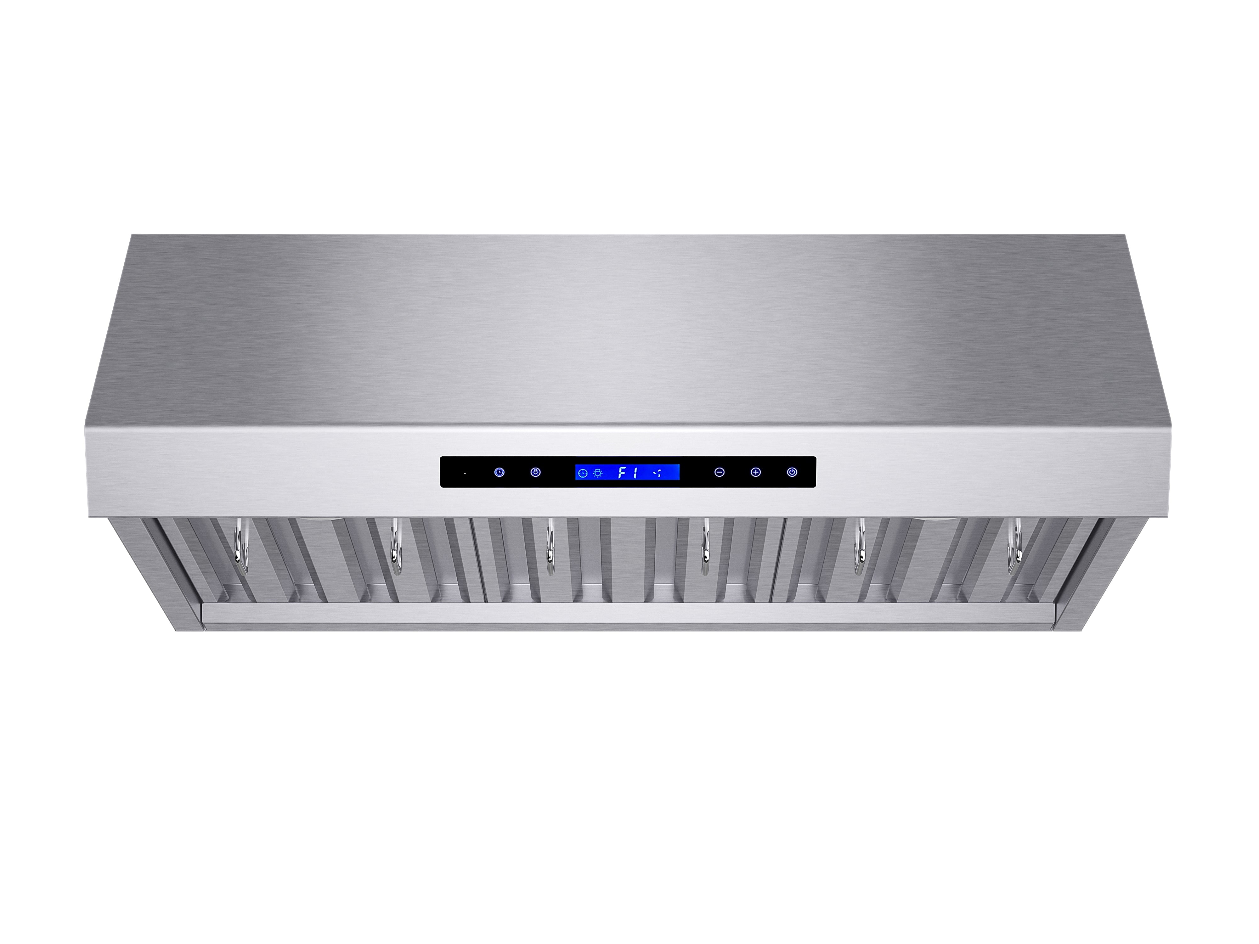 Stainless steel under-cabinet range hood with blue display control bar and filter baffles
