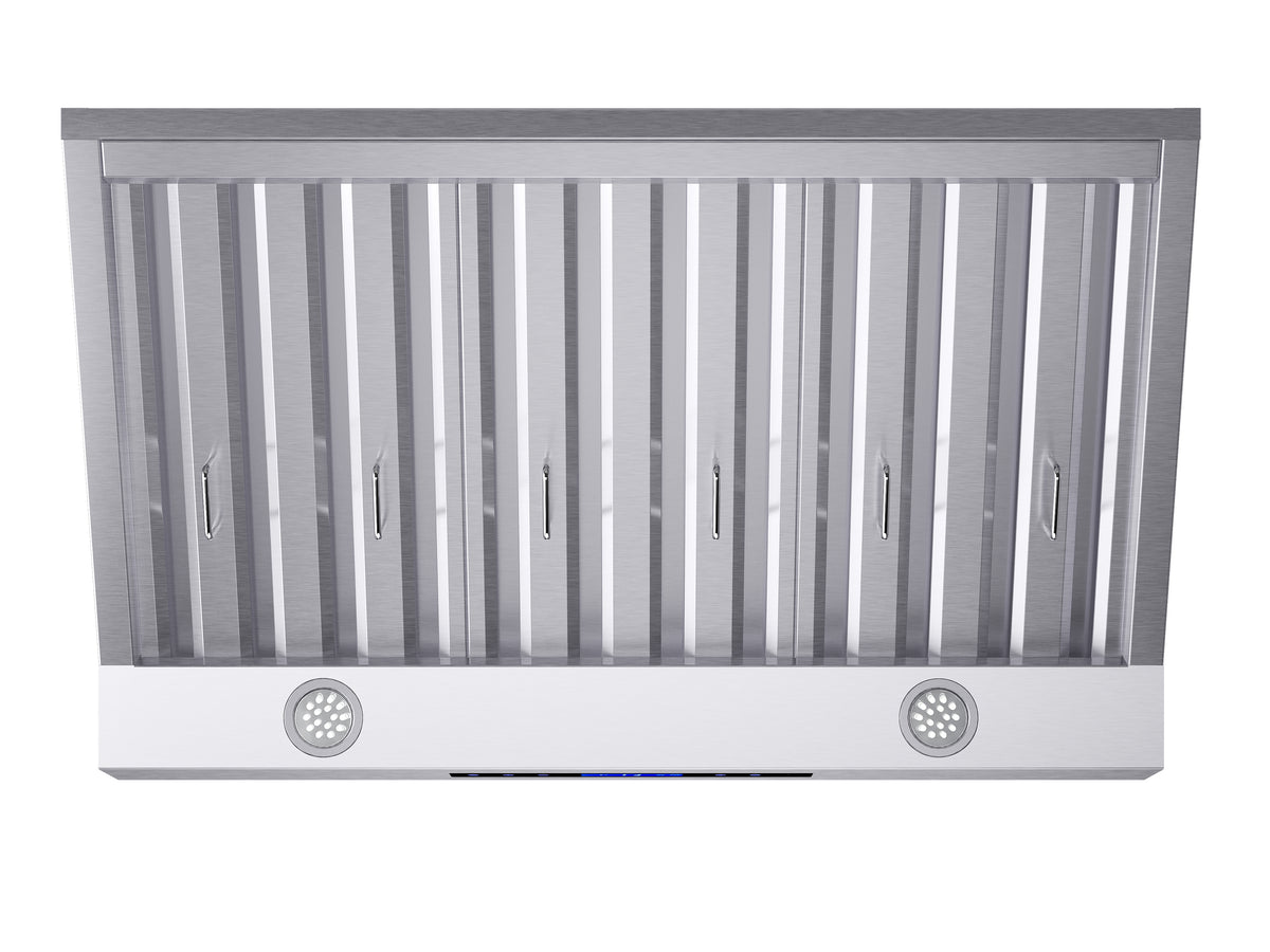 Stainless steel range hood front with baffle filter panels and two round bottom vent grilles