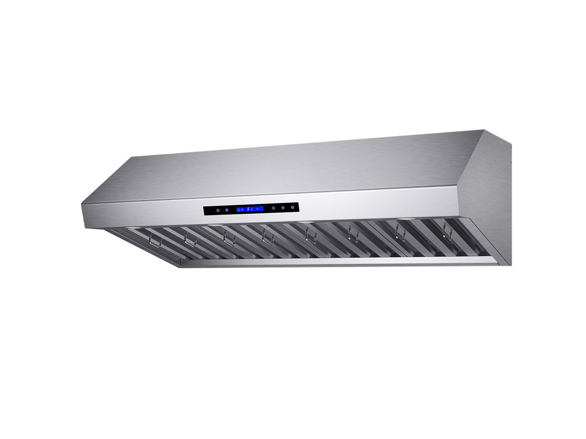 Stainless steel under-cabinet range hood with front control panel and chimney housing