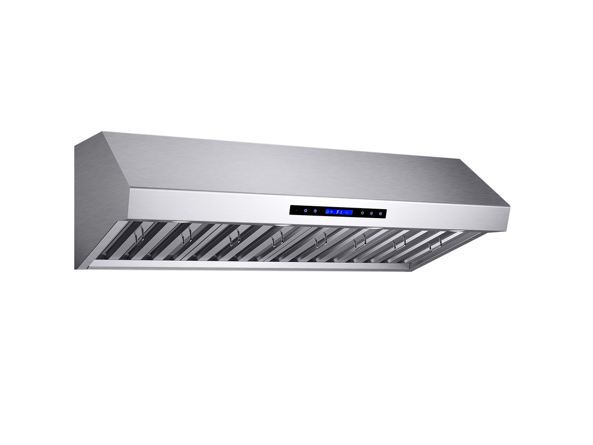 Stainless steel under-cabinet range hood angled view with baffle filters