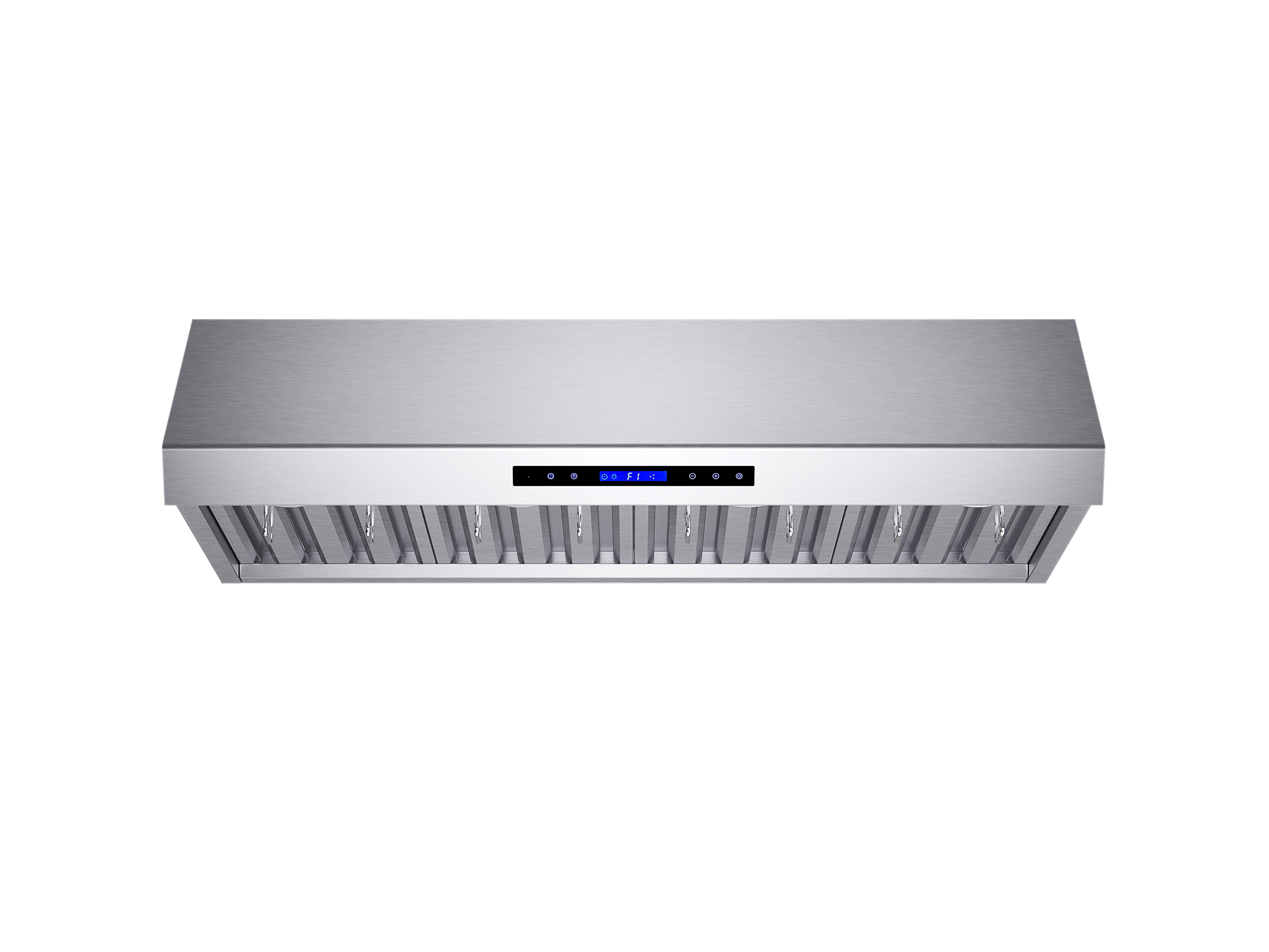 Stainless steel under-cabinet range hood underside with control panel and baffle vents