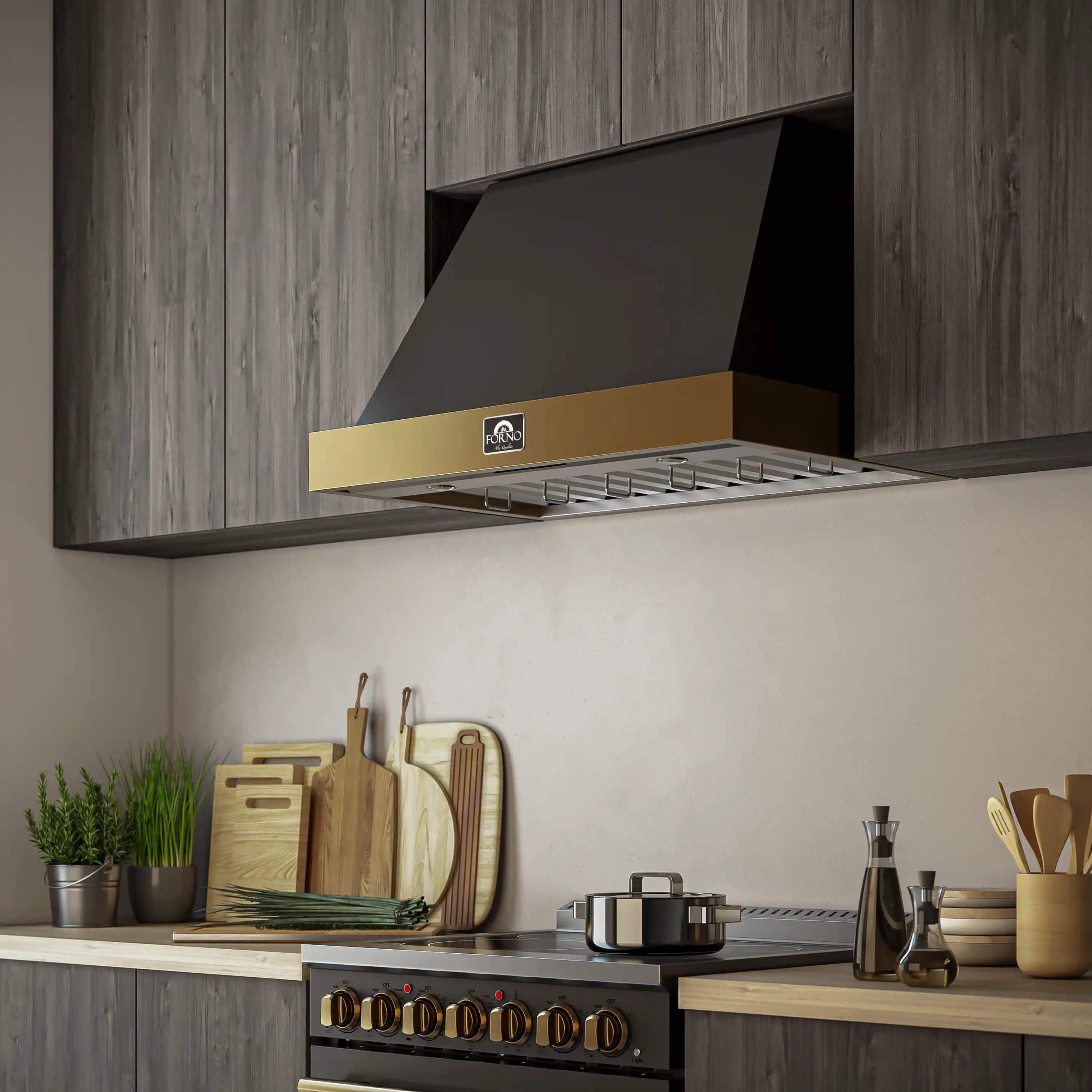 Black wall-mount range hood with antique brass trim, vented canopy over cooktop