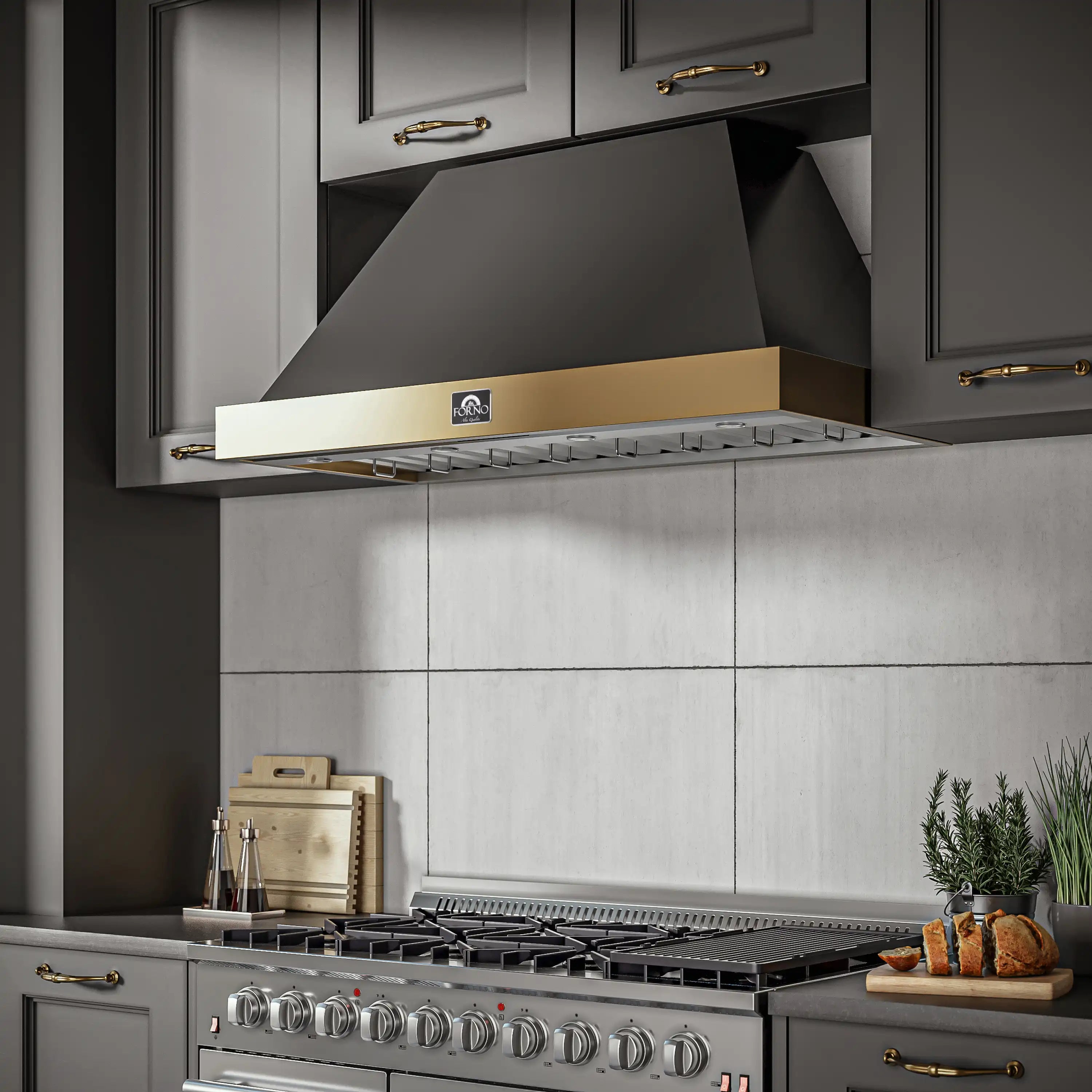 Black wall-mounted range hood with wide chimney, antique brass accents, and control panel