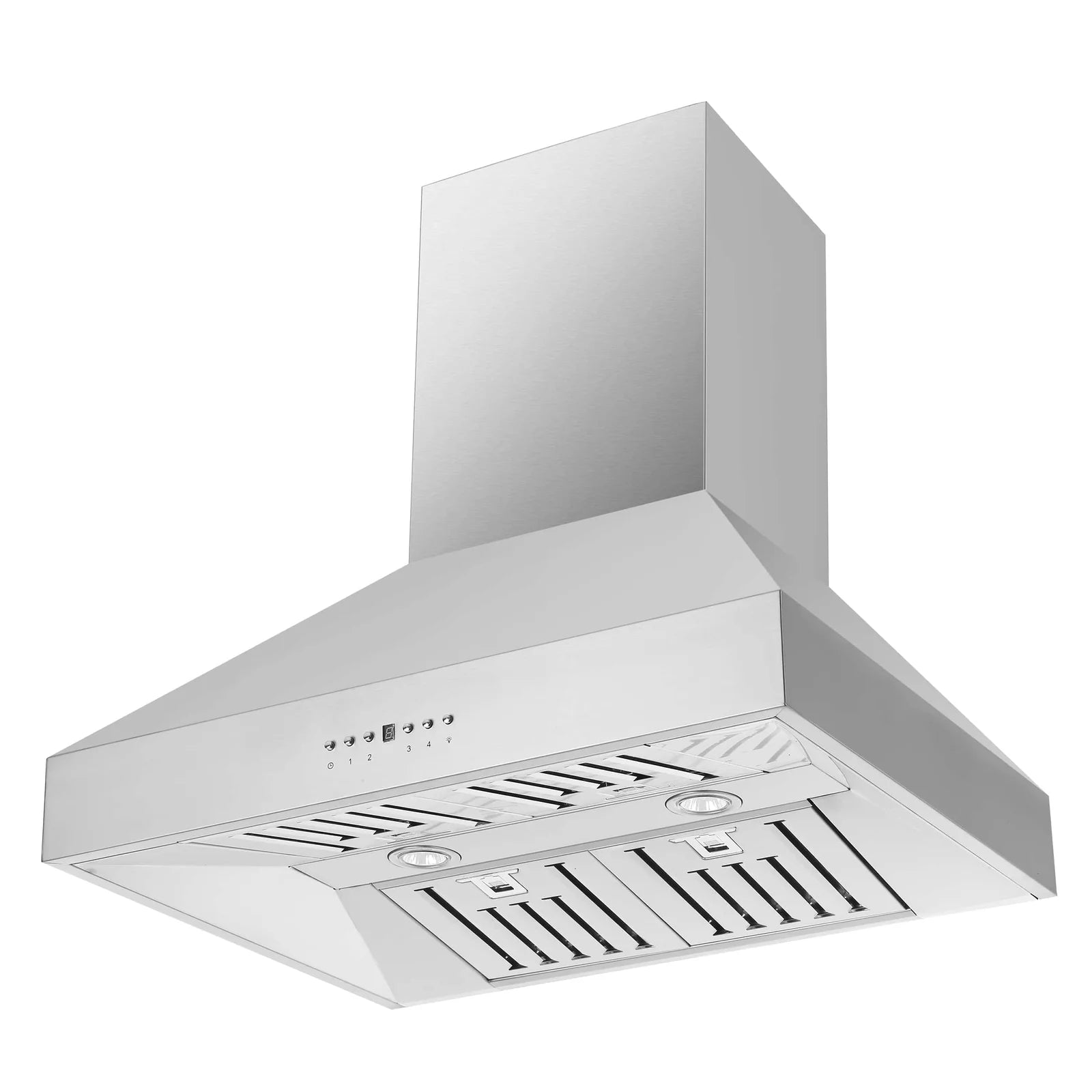Stainless steel wall-mount range hood with vent grates and control panel
