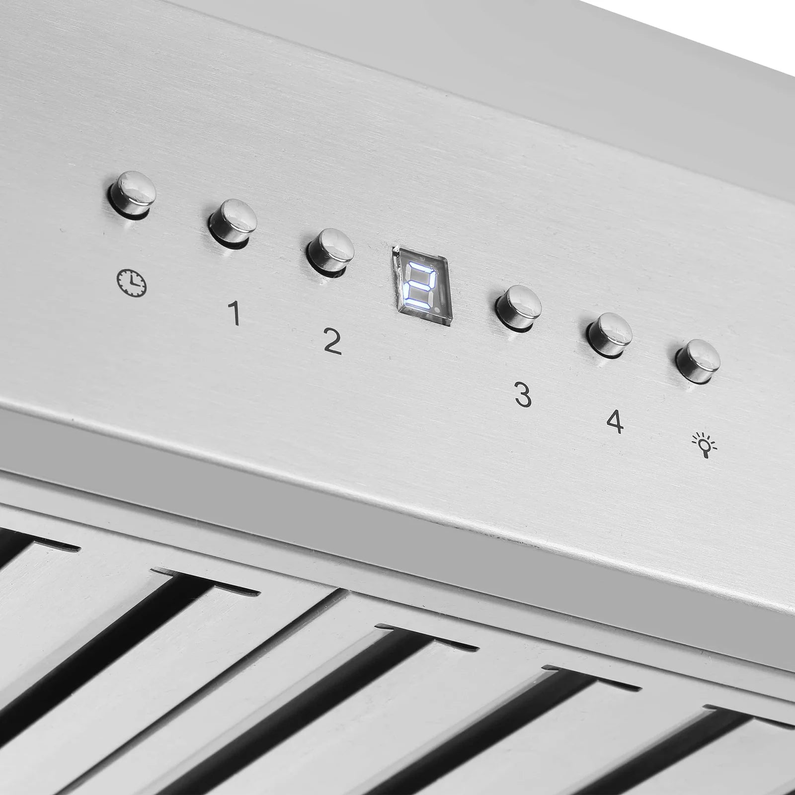 Stainless steel range hood control panel with numbered knobs and small display