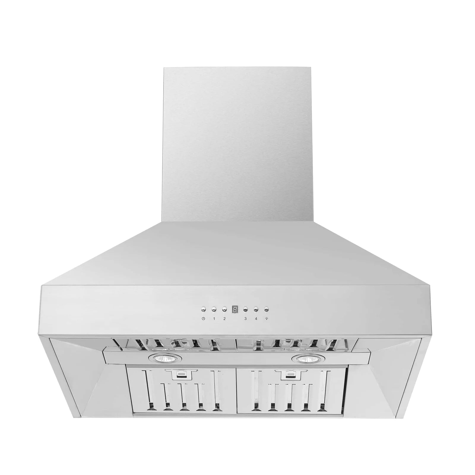 Stainless steel range hood with front filters and underside control area
