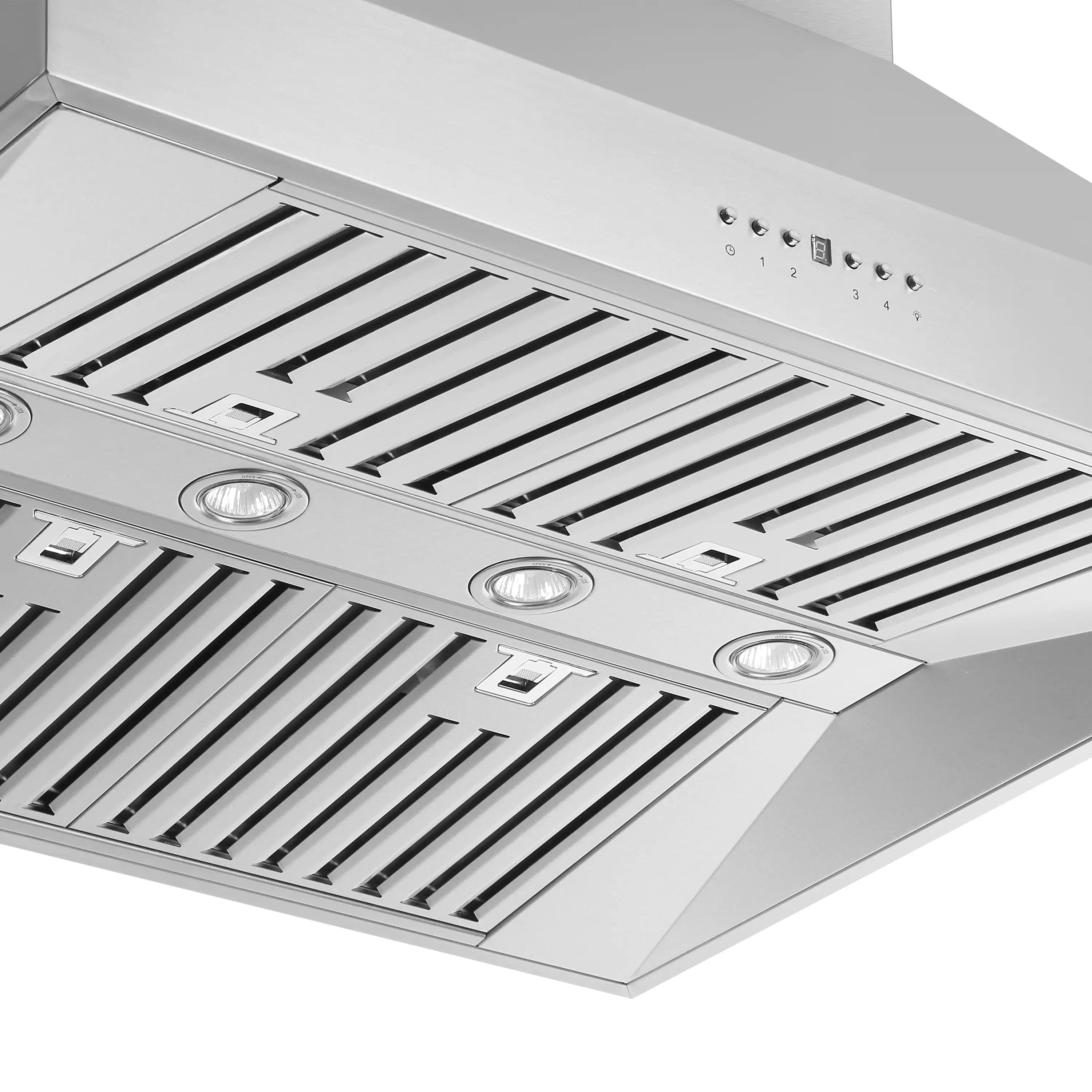Stainless steel range hood underside with slatted ventilation panels and lights