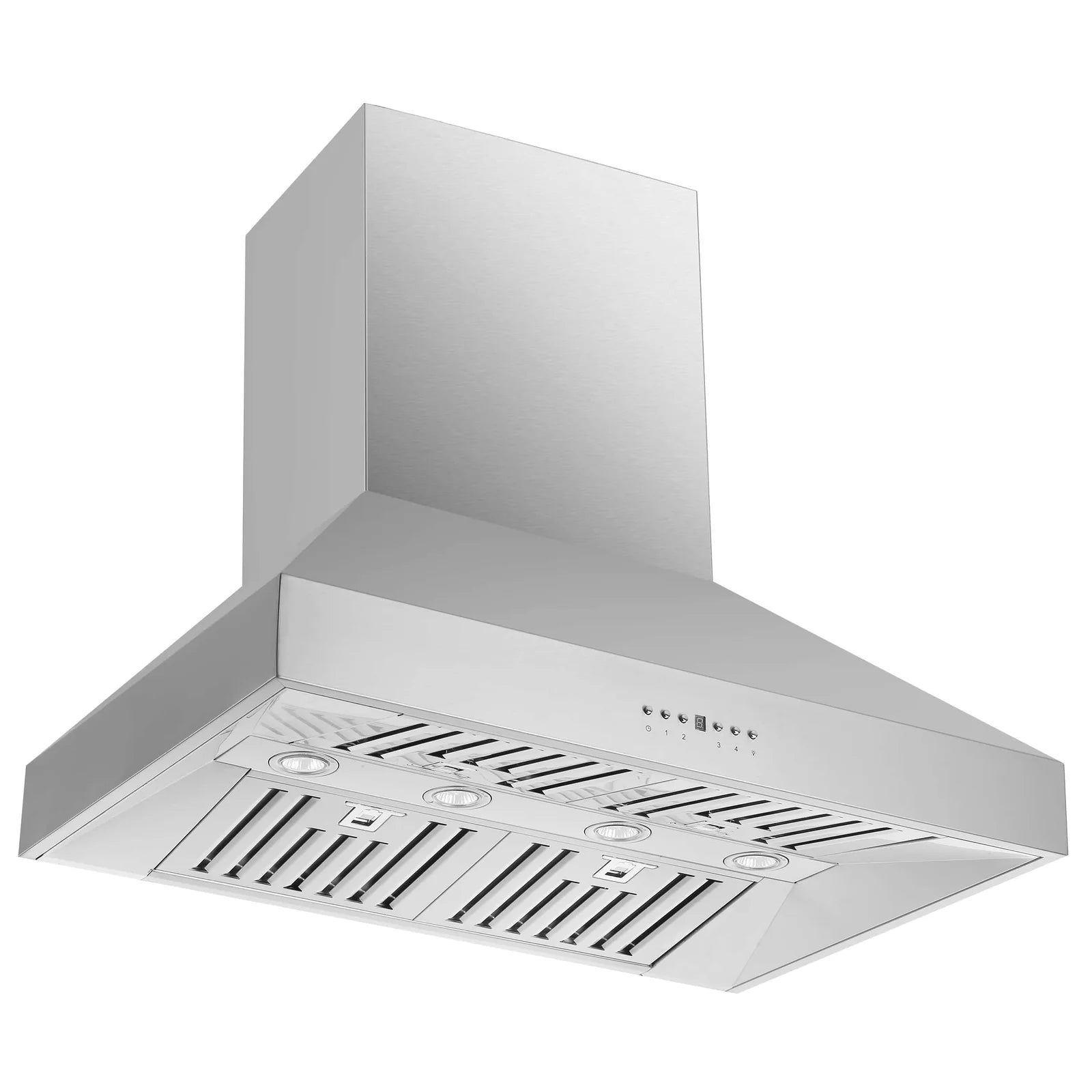 Stainless steel wall-mount range hood with vented cooktop lighting controls