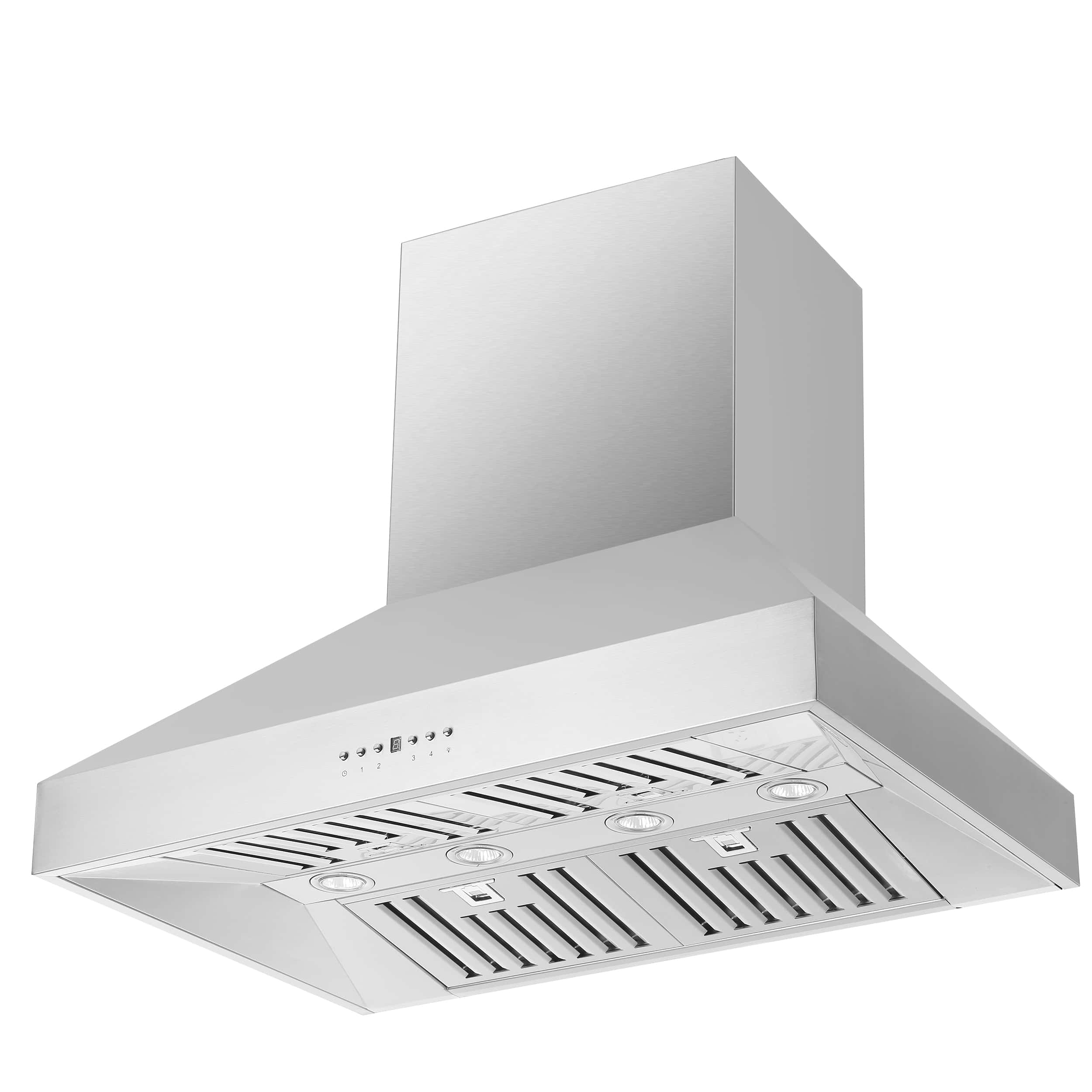 Stainless steel wall mount range hood angled view with vent panel and fan controls