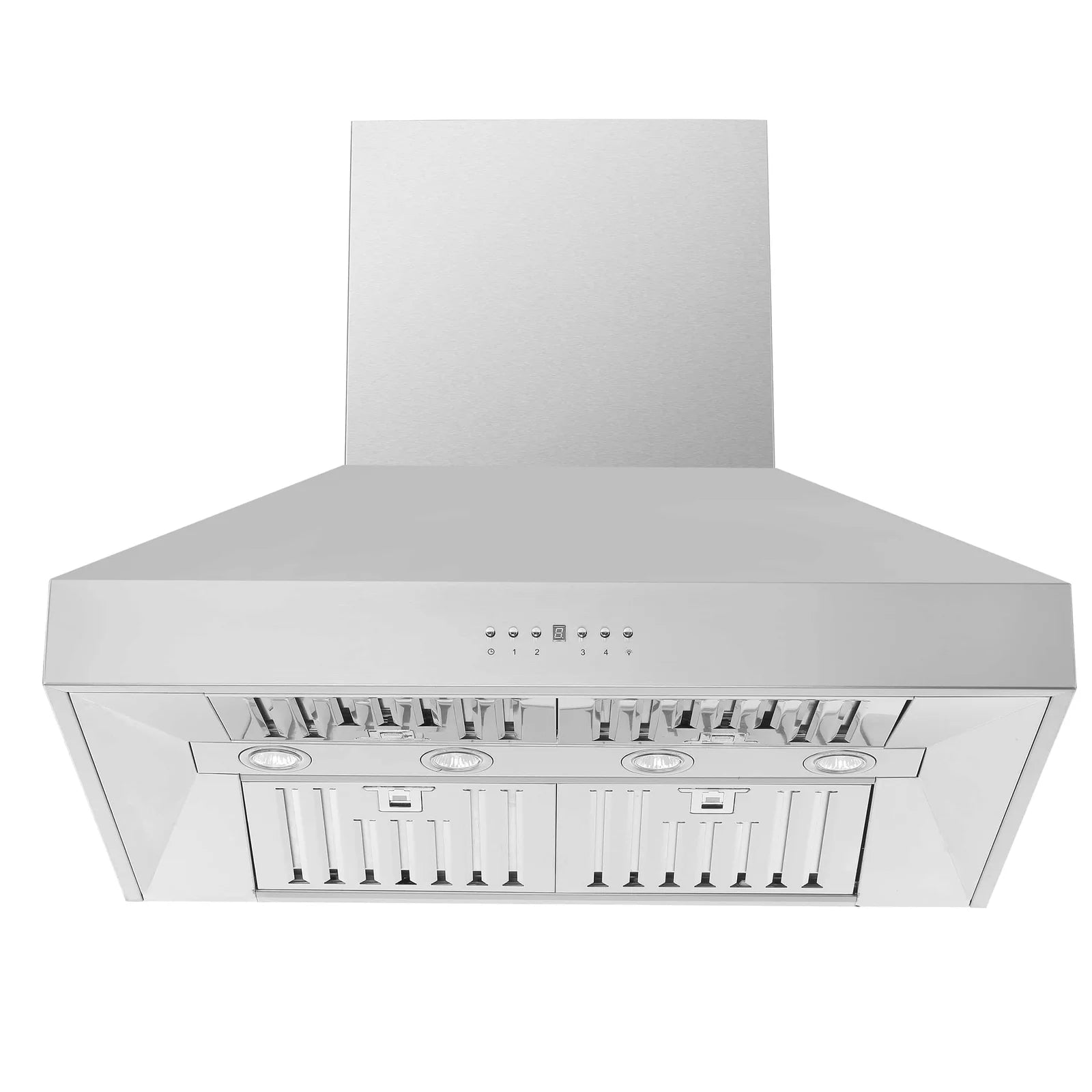 Stainless steel wall-mount range hood with control strip and vented filter area