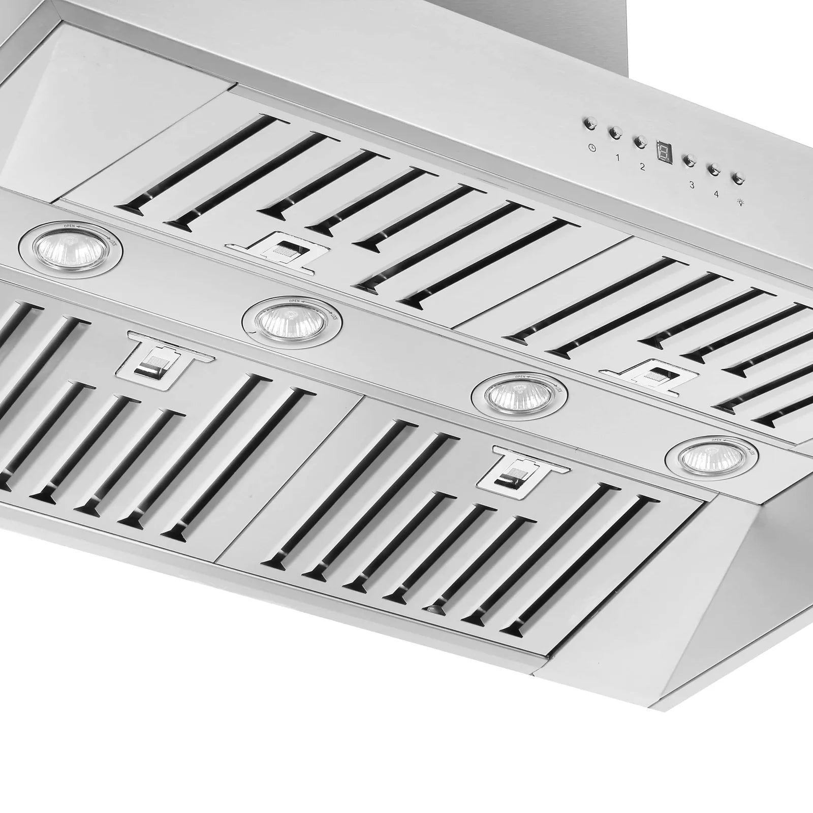 Stainless steel range hood filter grille with round lights and control buttons