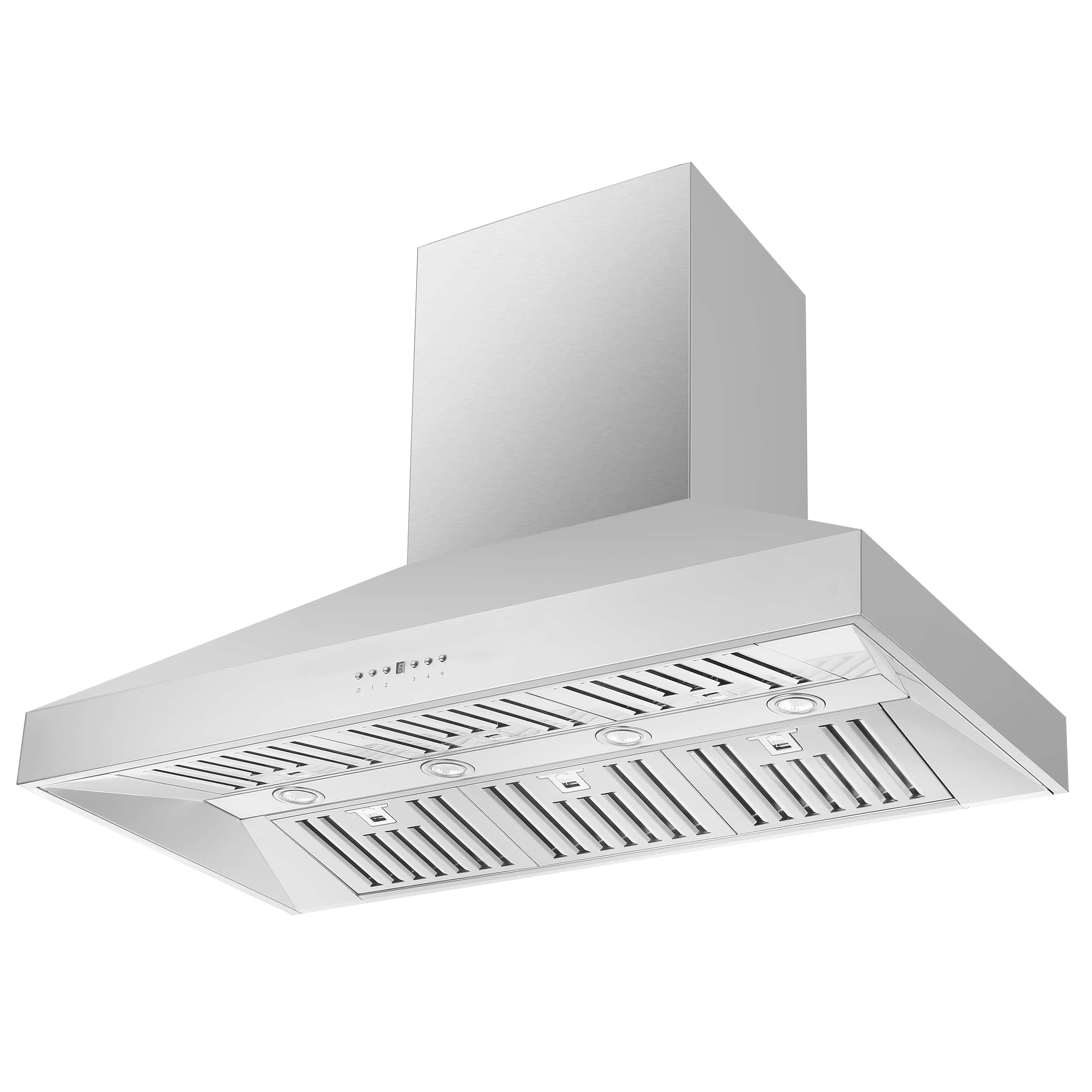 Stainless steel wall mount range hood angled view with baffle filter panel