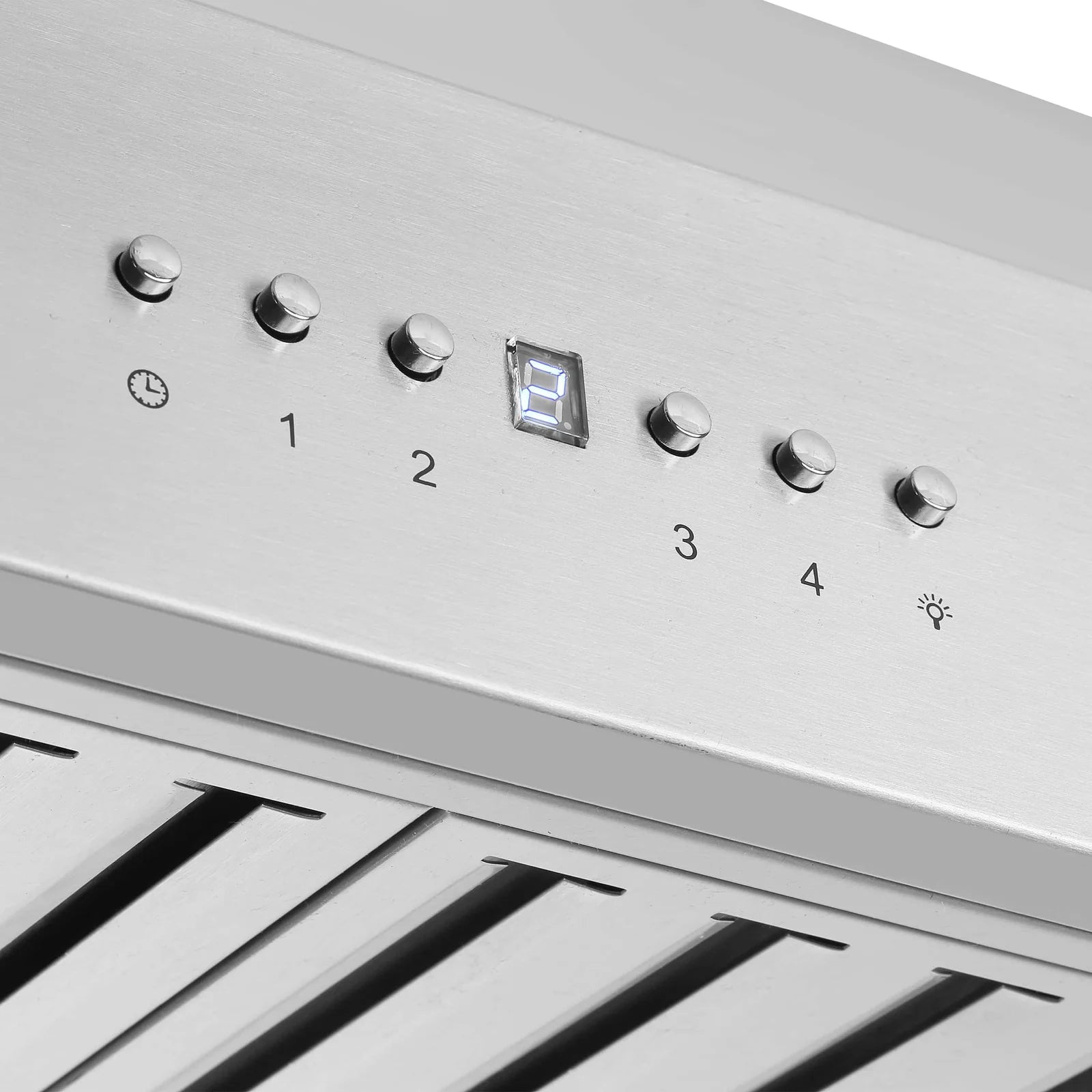 Stainless steel range control panel with numbered knobs and blue digital display