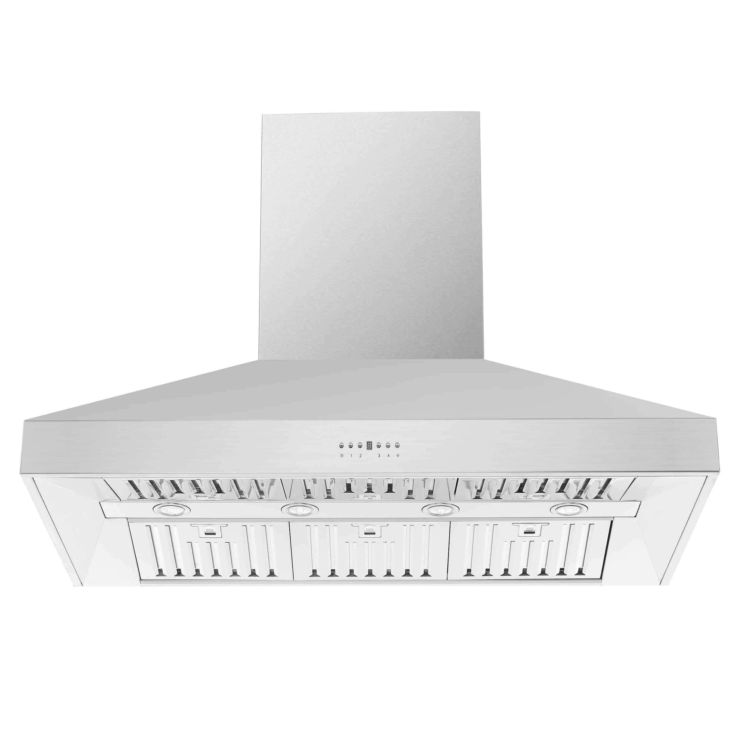 Light-colored wall mount range hood with control knobs and vent slots