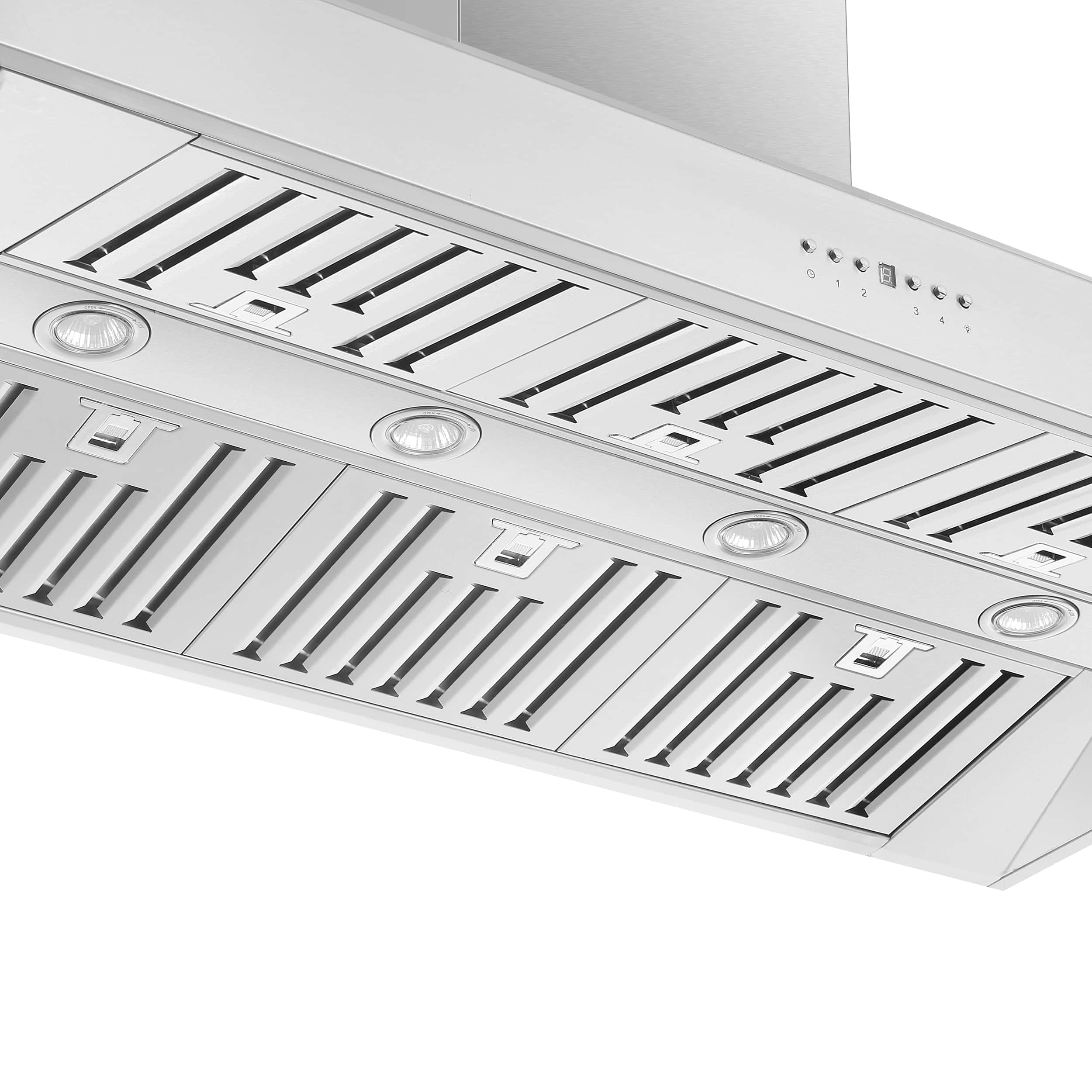 Stainless steel wall range hood with vent louvers and circular lights