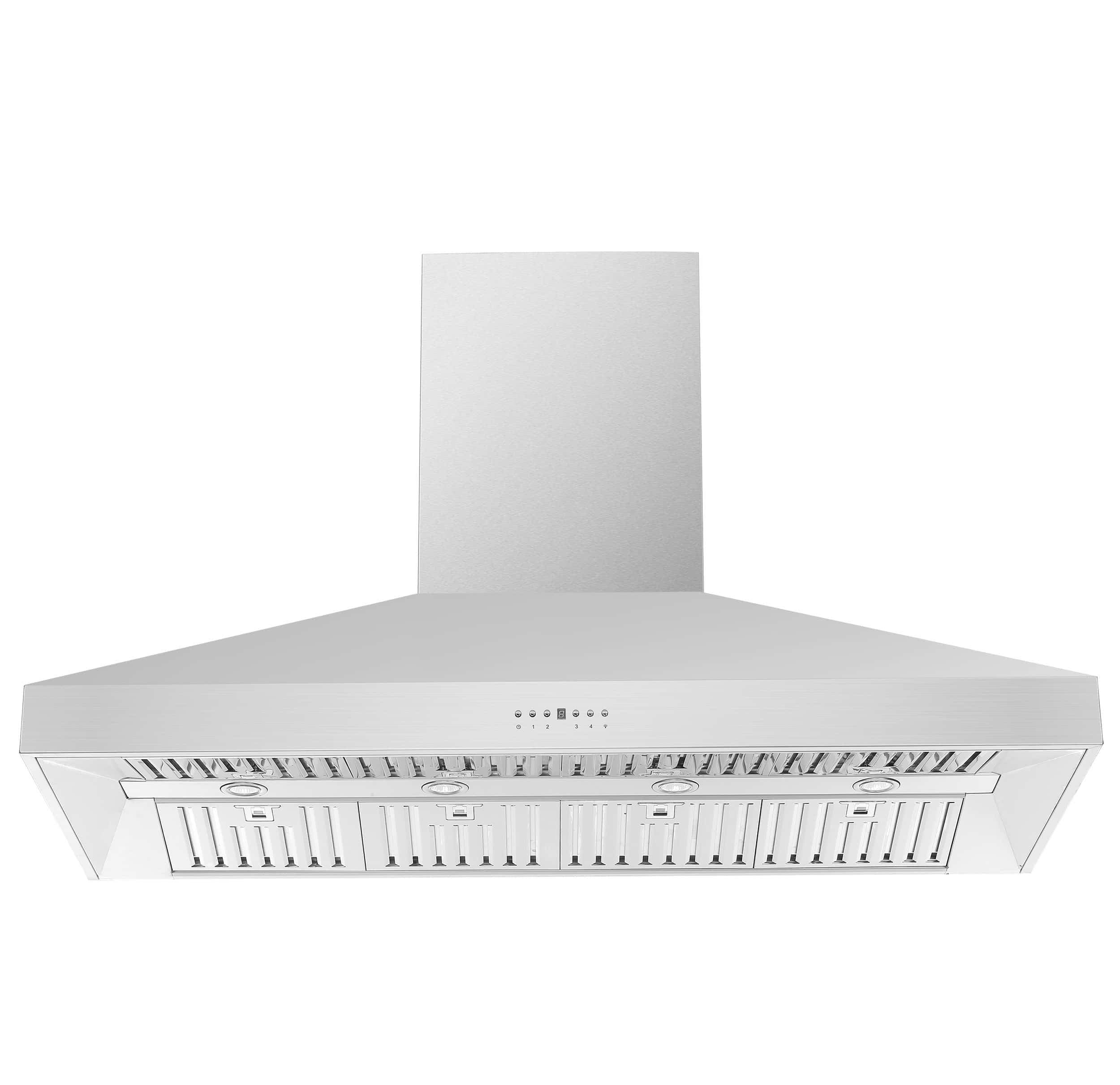 Stainless steel wall-mount range hood with front vent filters and control panel