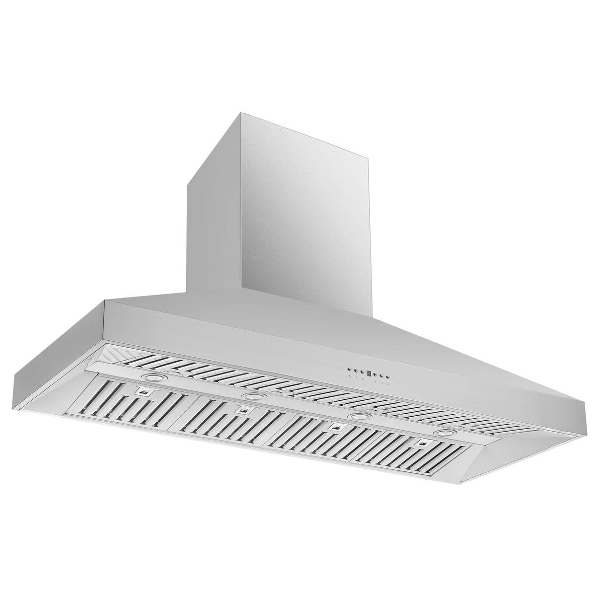 Stainless steel wall-mount range hood, angled view of vent filters and fan grille