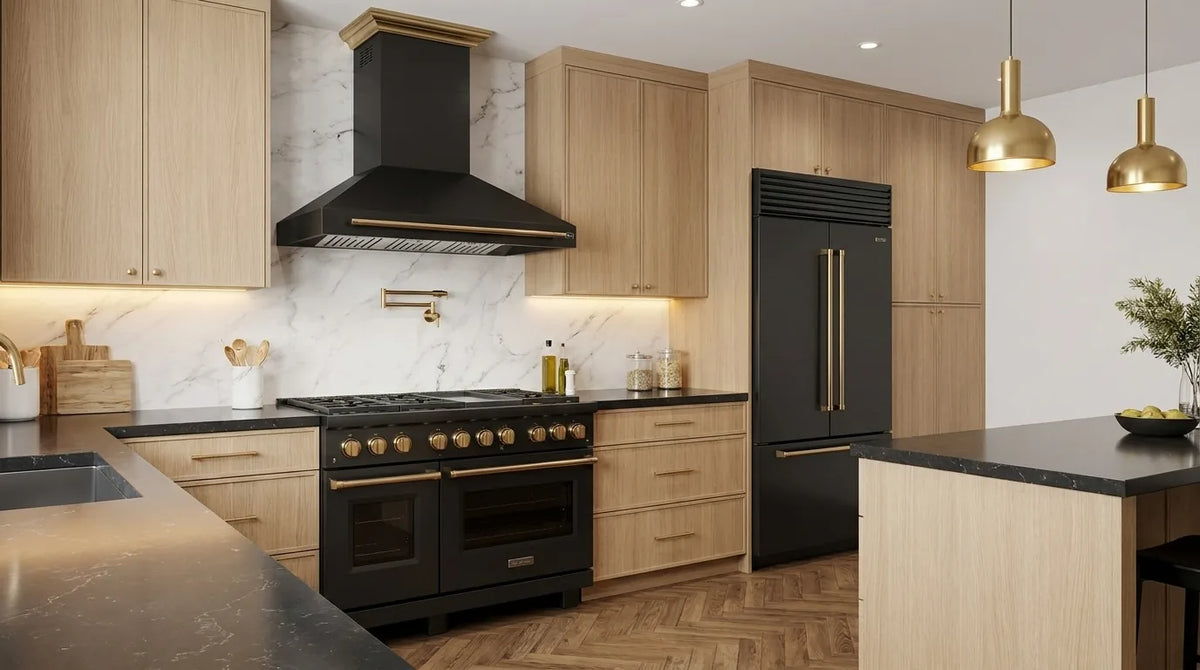 Forno Aria 48-Inch 1,200 CFM Wall Mount Range Hood in Black with Antique Brass Trim shown in a styled kitchen
