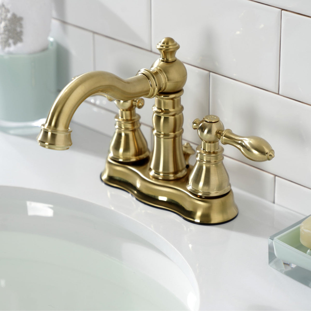 American Classic Double-Handle 4" Centerset Bathroom Faucet with Brass Pop-Up in Brushed Brass