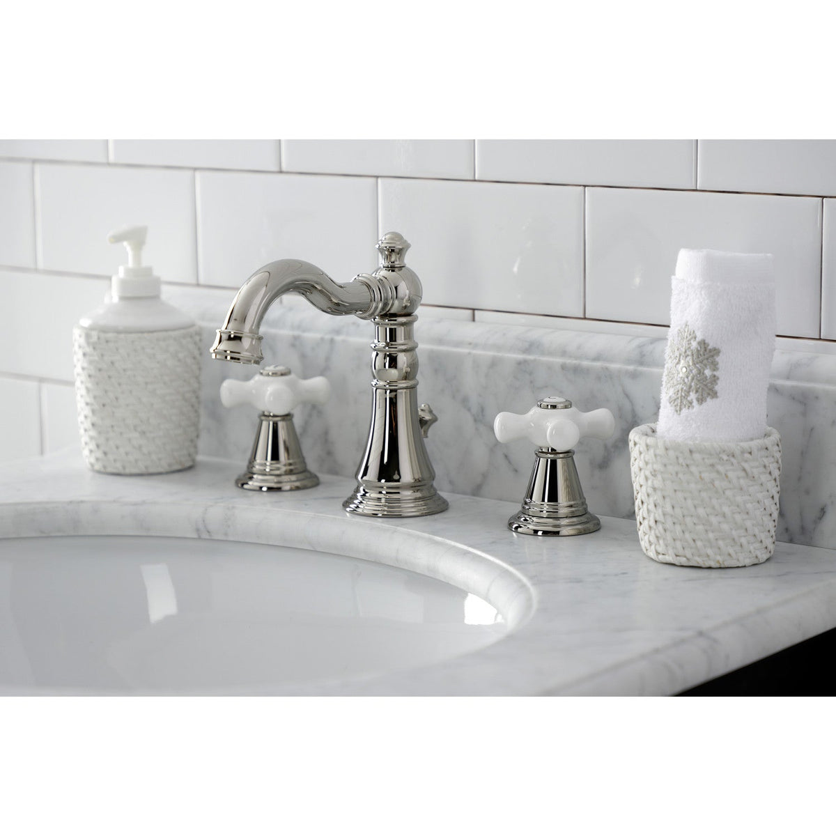 American Classic Widespread Bathroom Faucet with Brass Pop-Up in Polished Nickel