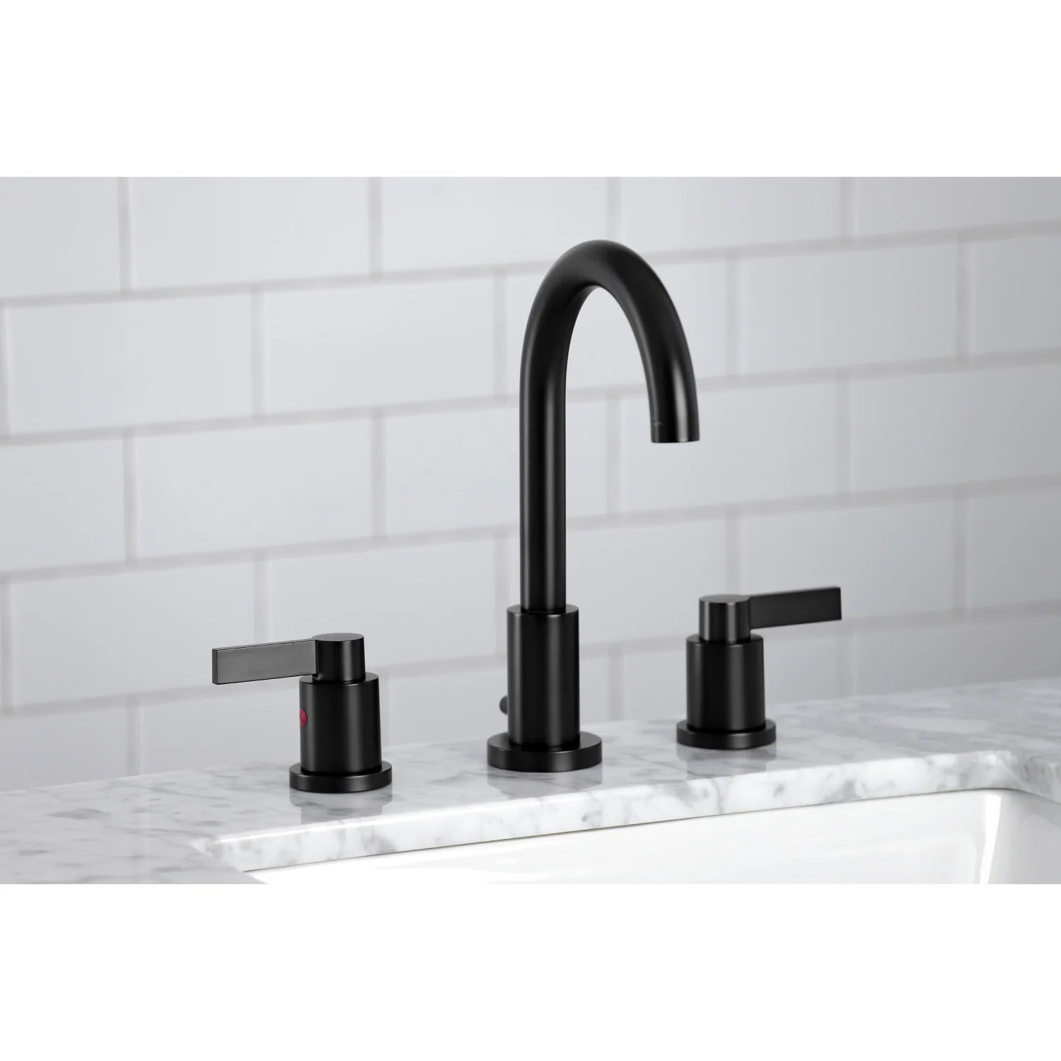 Matte black widespread bathroom faucet with tall spout and two lever handles