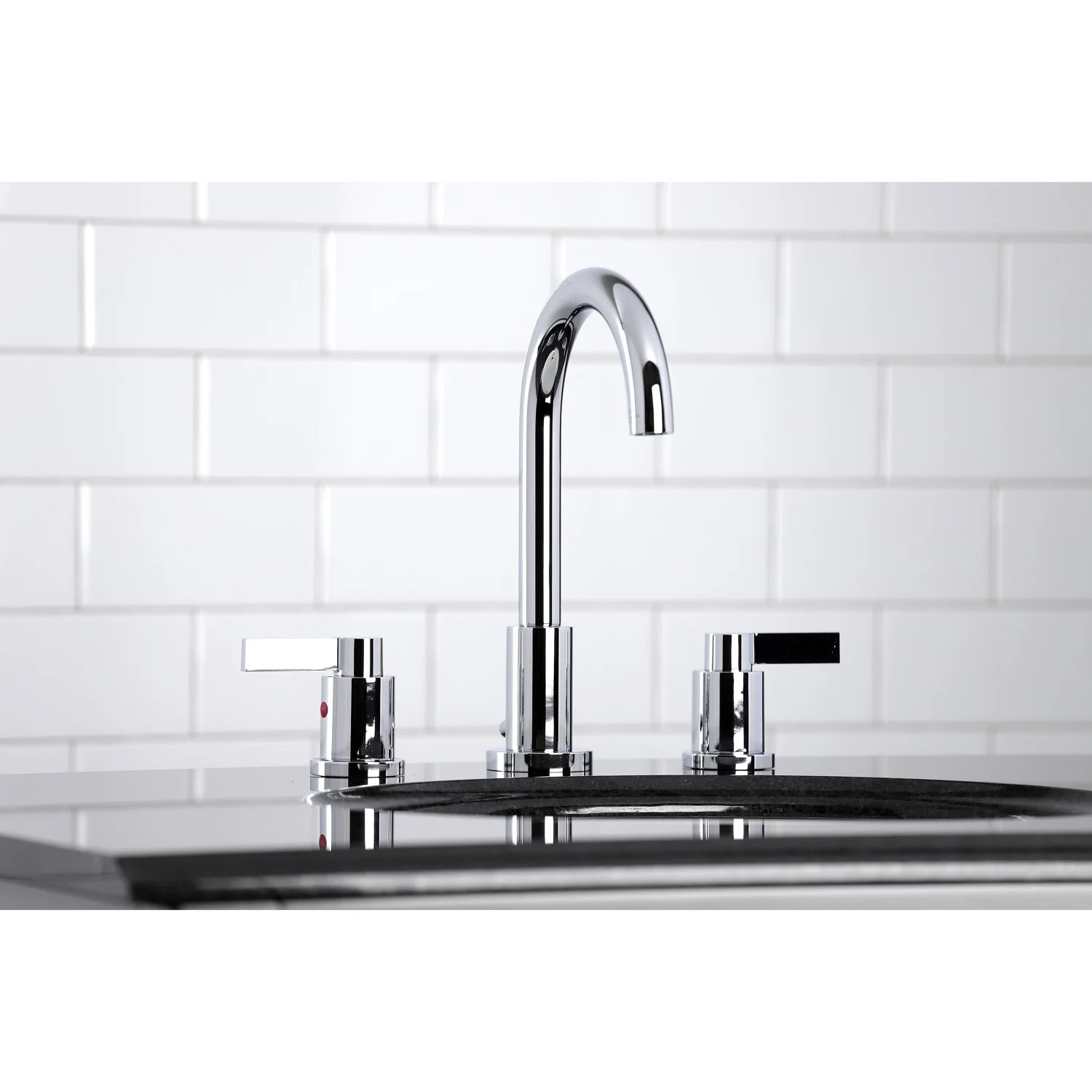 Polished chrome widespread bathroom faucet with arched spout and three lever handles