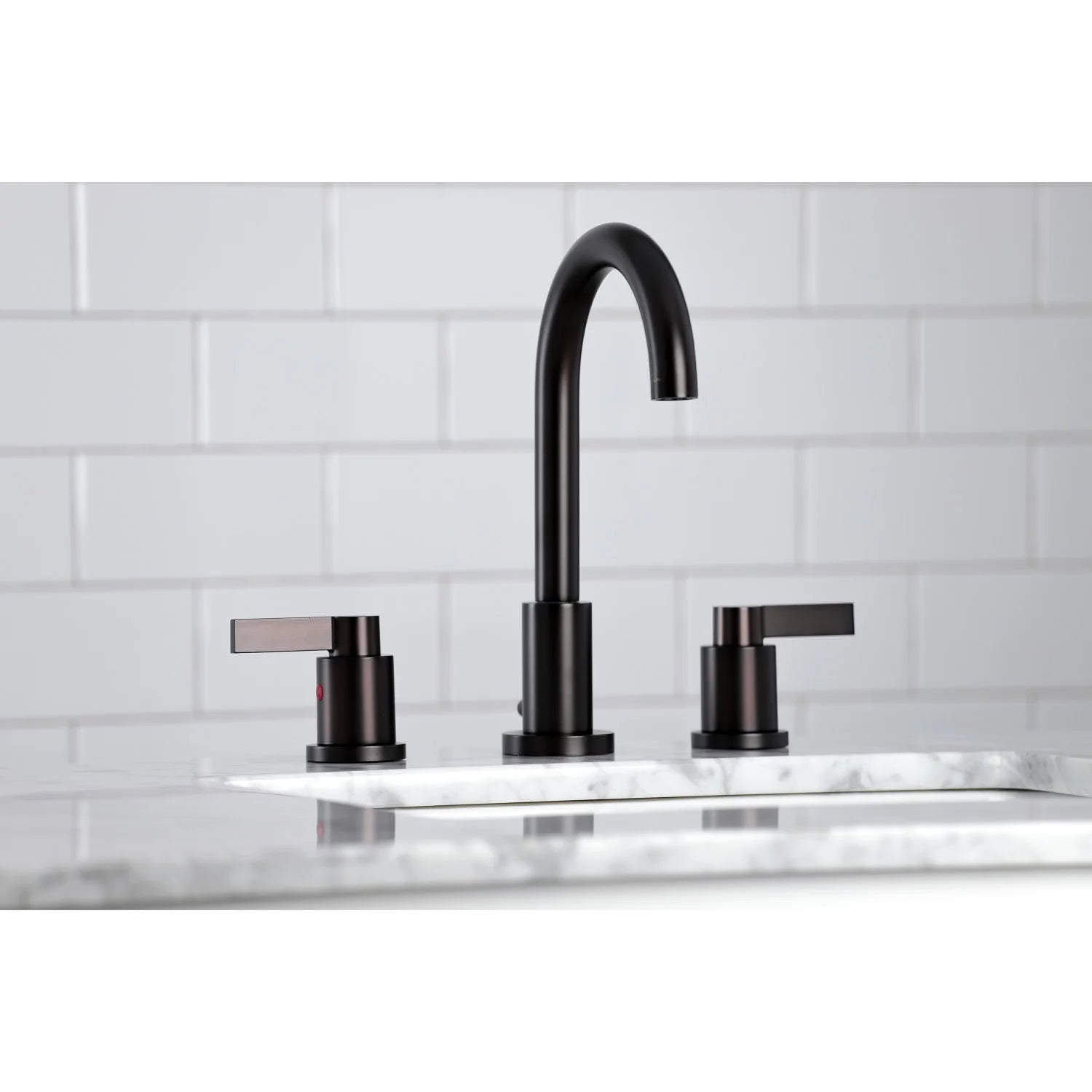 Oil rubbed bronze faucet with arched spout and two rectangular lever handles