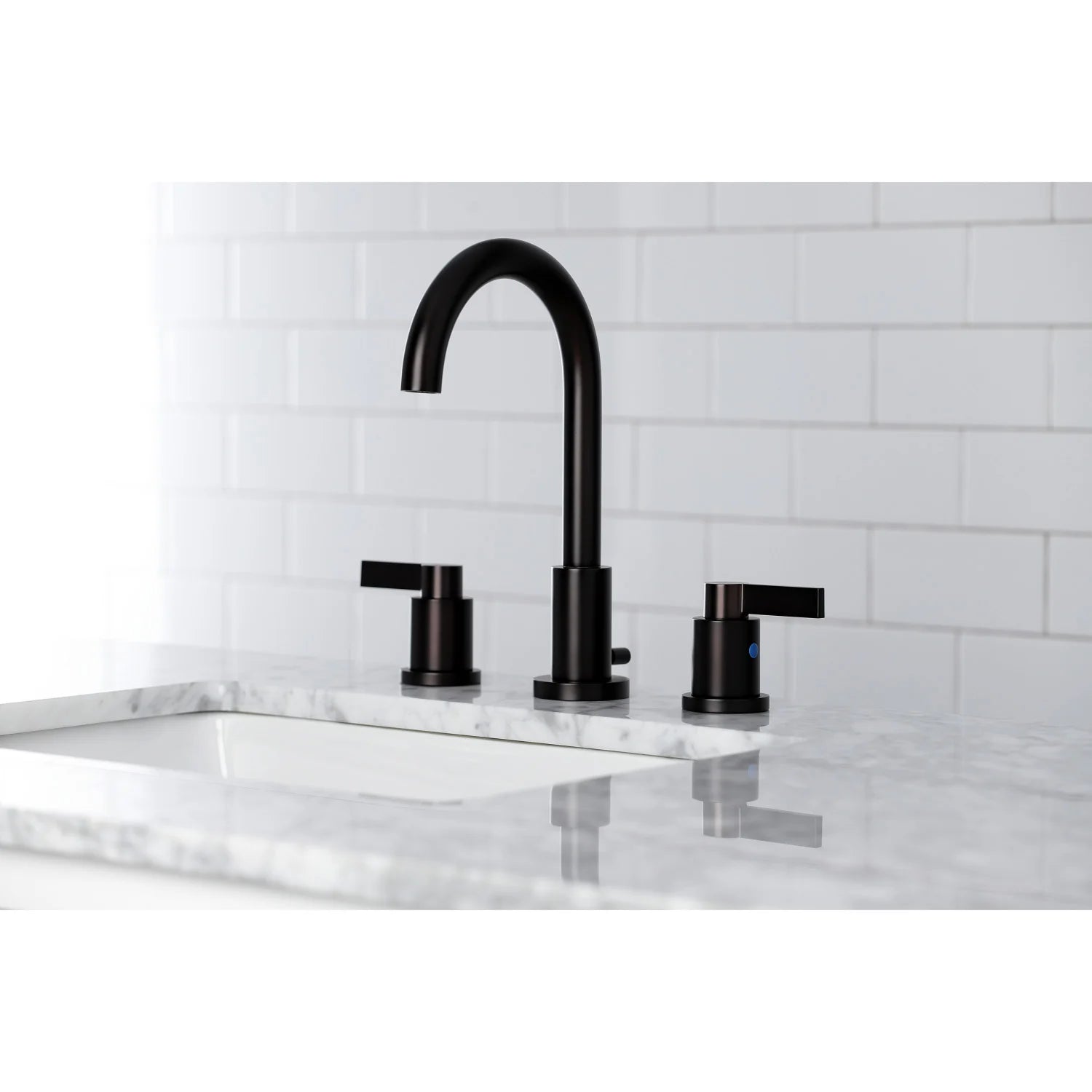 Oil rubbed bronze widespread bathroom faucet set with curved spout and three-piece controls