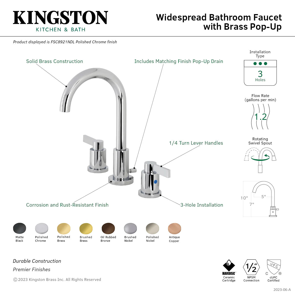 Widespread bathroom faucet with polished chrome finish, 3-hole setup and pop-up drain