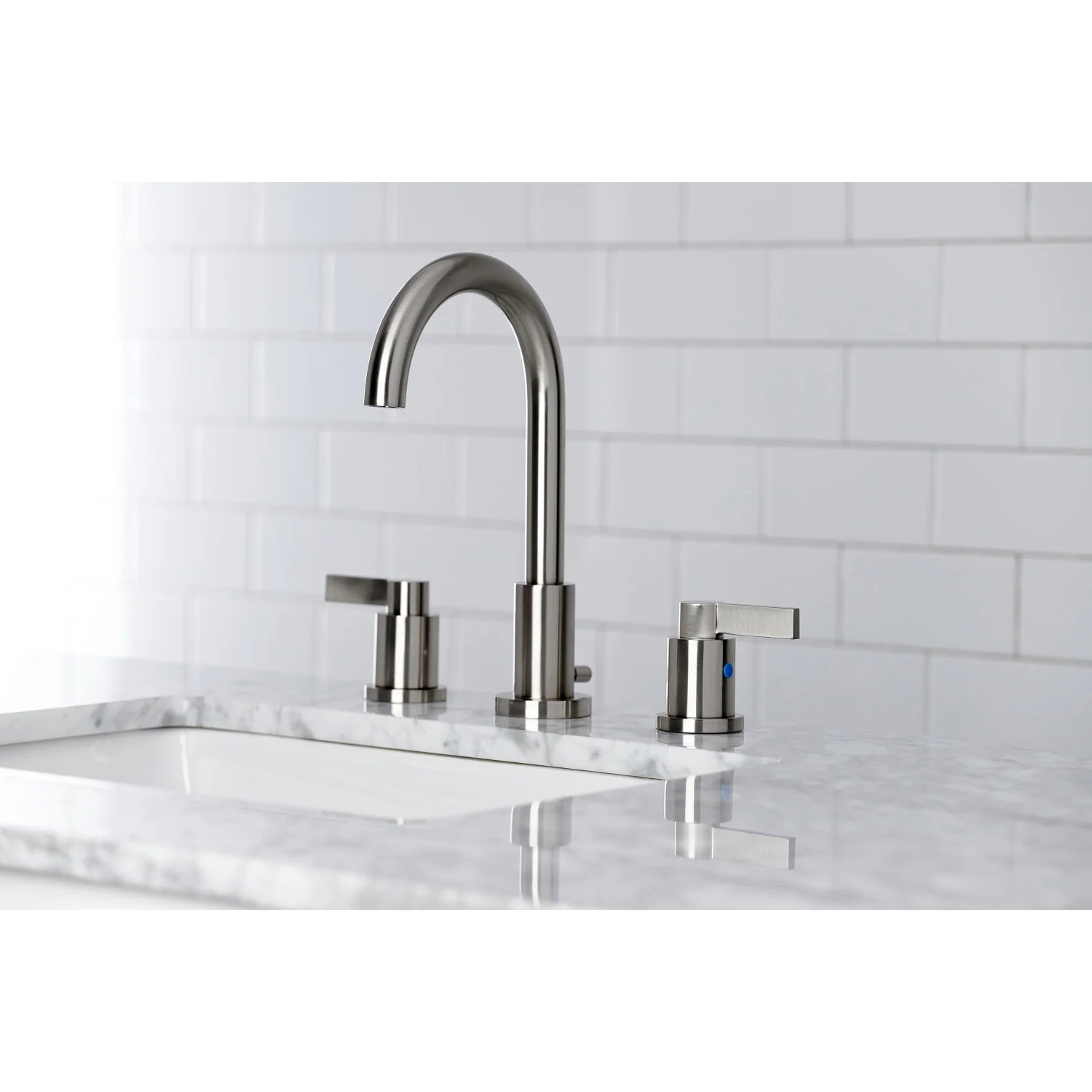 Brushed nickel bathroom faucet with arched spout and two deck-mount handles