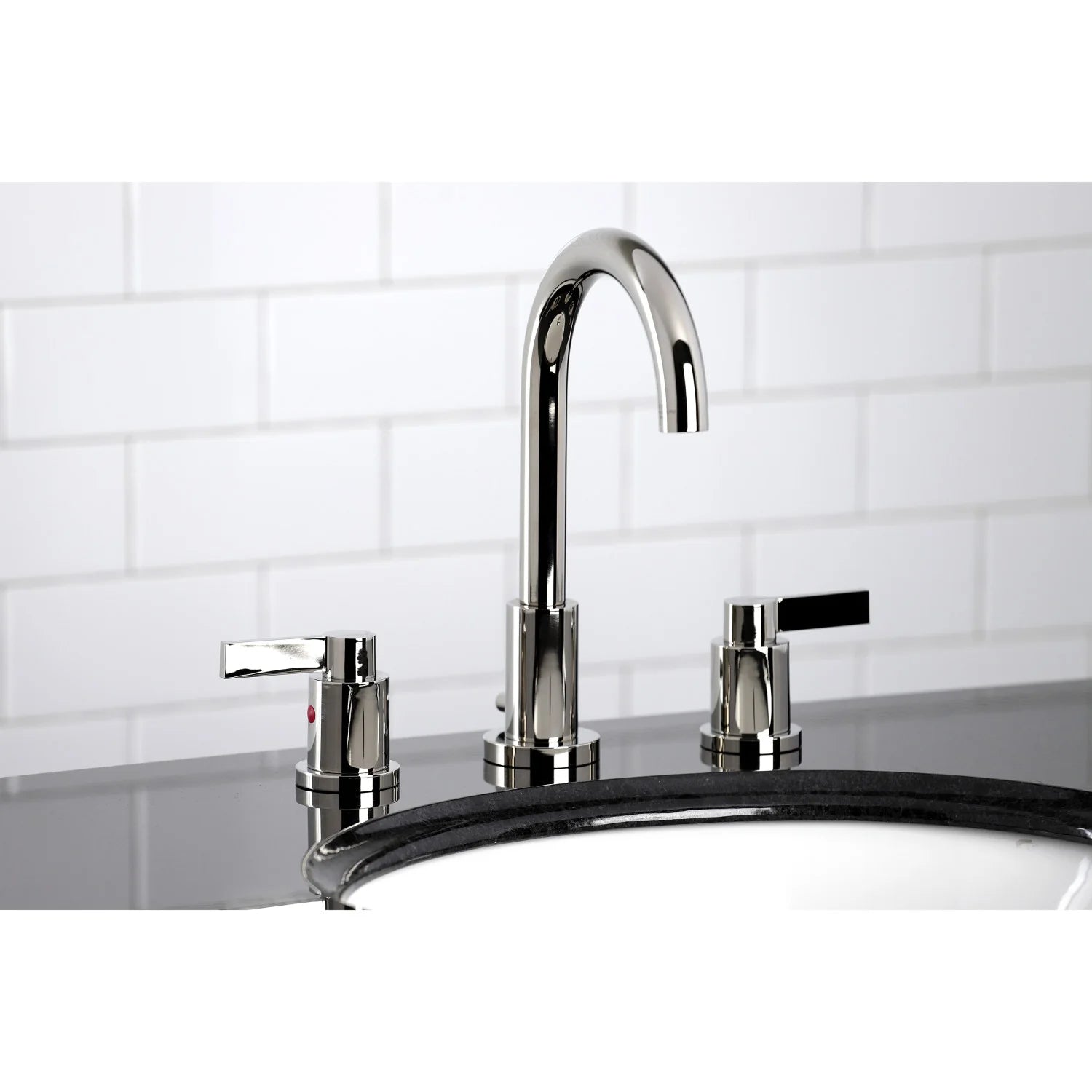 Polished nickel widespread bathroom faucet with arched spout and side lever handles