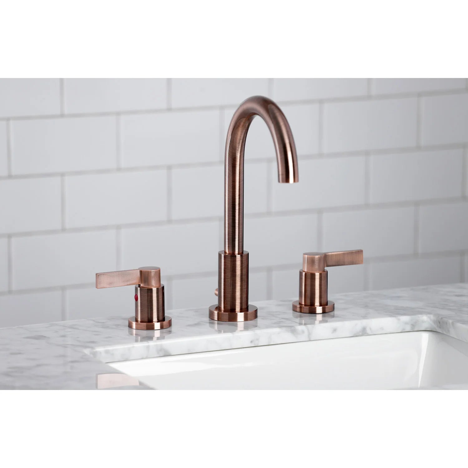 Antique copper widespread faucet with arched spout and two side-mounted lever handles