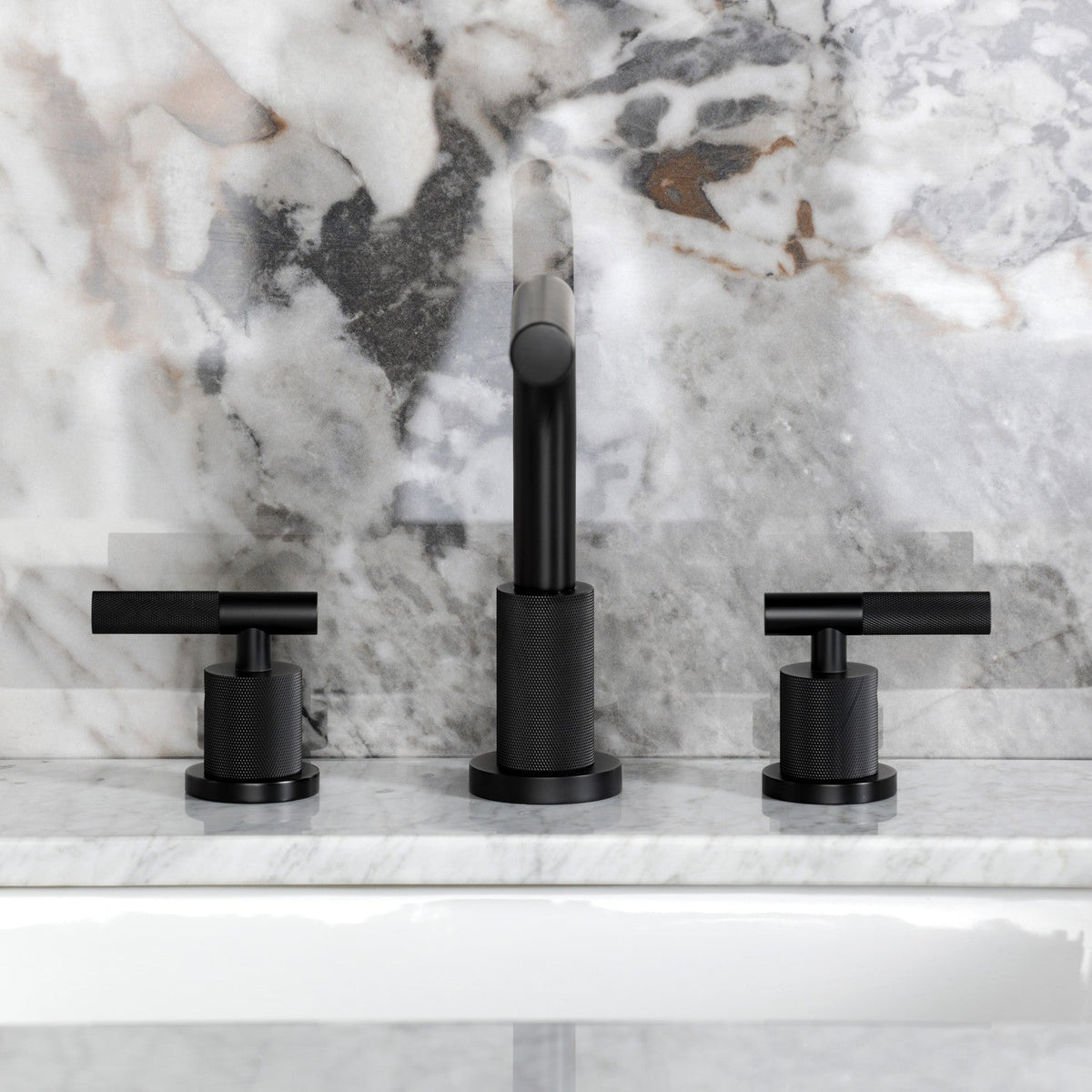 Convergent Widespread Bathroom Faucet with Knurled Handle and Brass Pop-Up in Matte Black