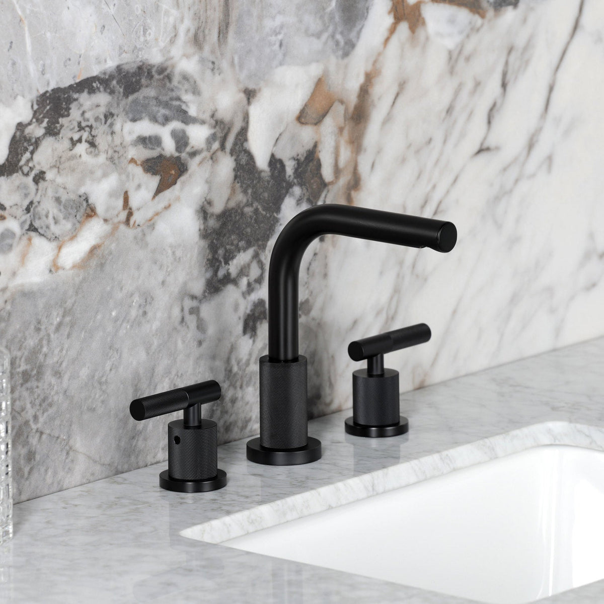 Convergent Widespread Bathroom Faucet with Knurled Handle and Brass Pop-Up in Matte Black