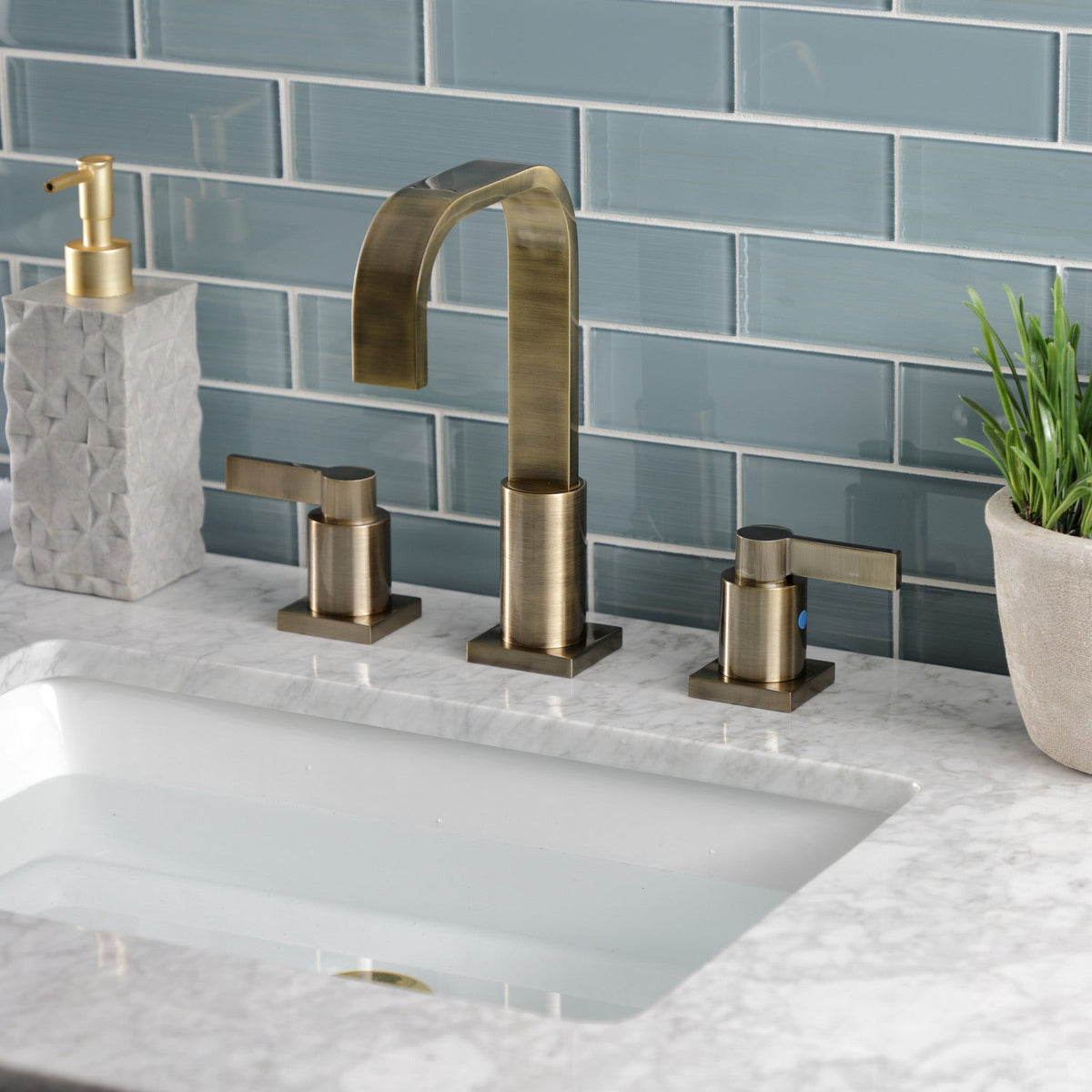 NuvoFusion Widespread Bathroom Faucet with Brass Pop-Up in Antique Brass