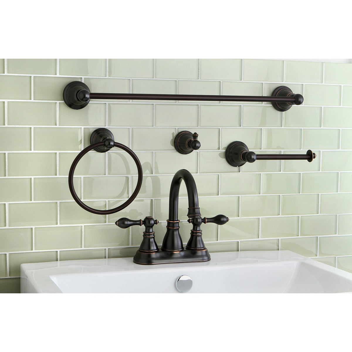 American Classic Double-Handle 4" Centerset Bathroom Faucet with 4-Piece Bathroom Accessories in Naples Bronze