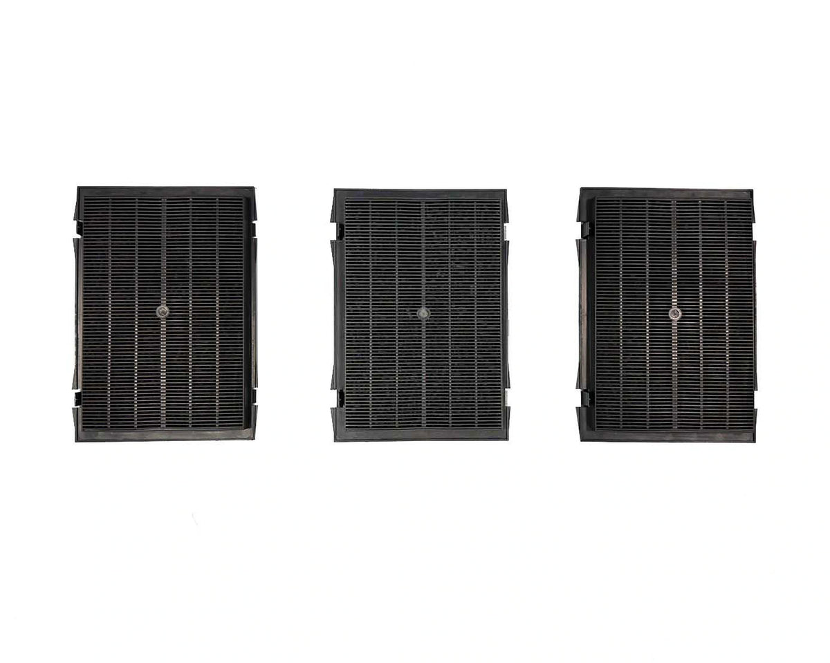 Three THOR Kitchen charcoal range hood filters, black frames with wire grids