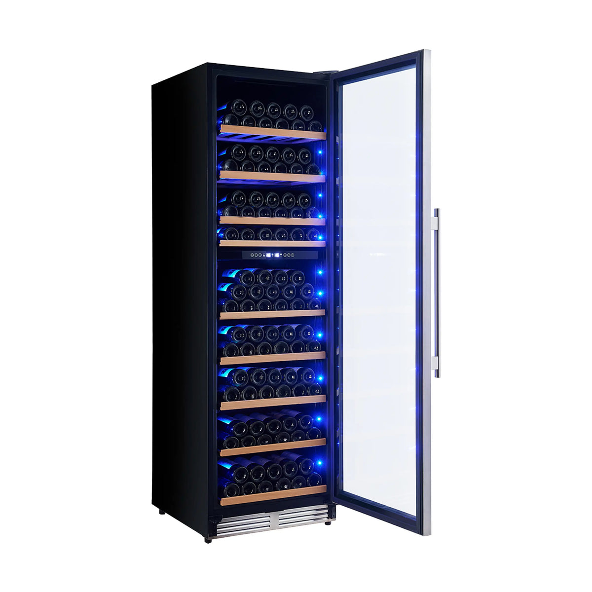 Black wine cooler with door open, blue LED lighting and bottle racks with circles