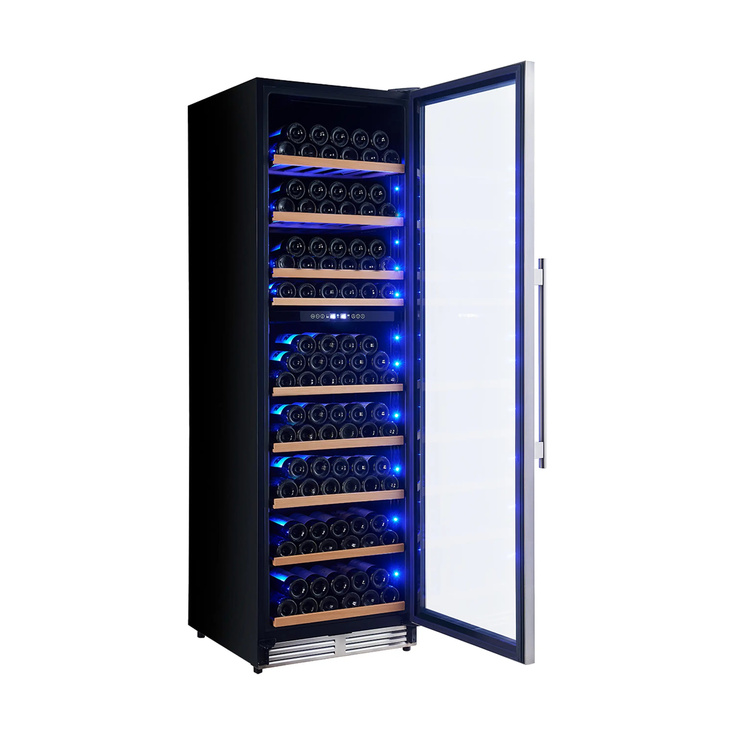 Wine cooler with black exterior and open door, blue LED shelves for bottles