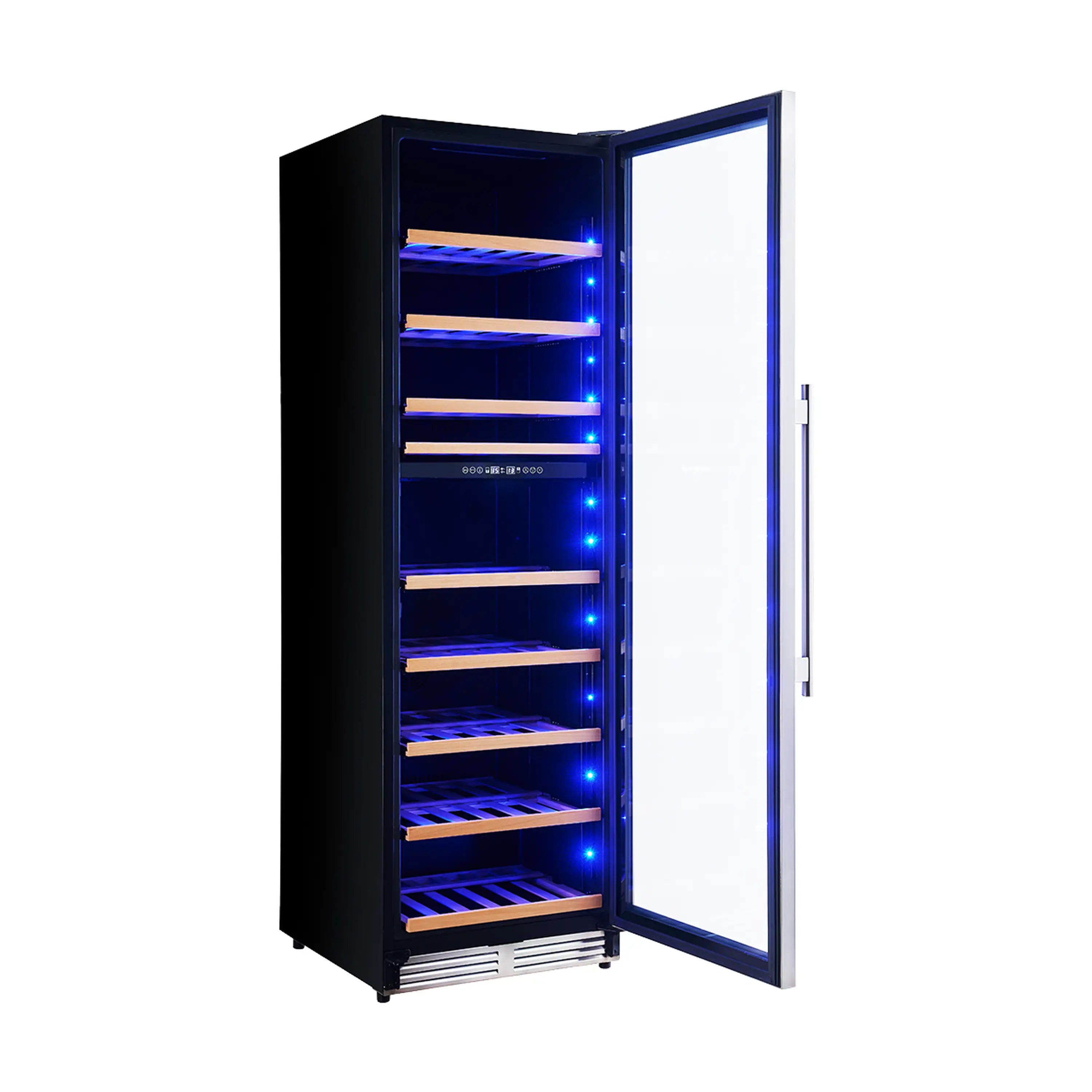 Wine cooler with black exterior, open door, and blue-lit interior with bottle shelves