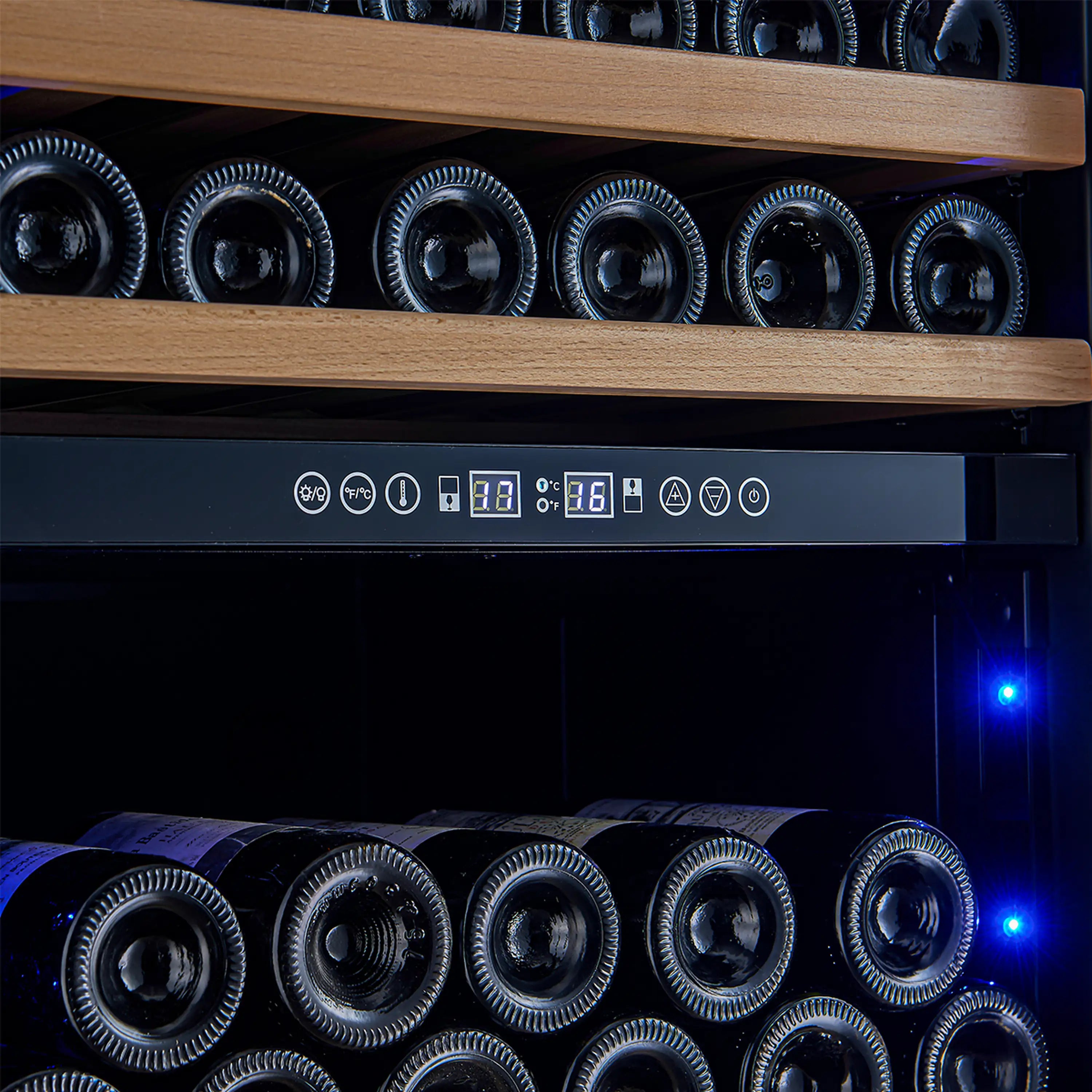 Wine cooler control panel with digital display and blue-lit bottle storage