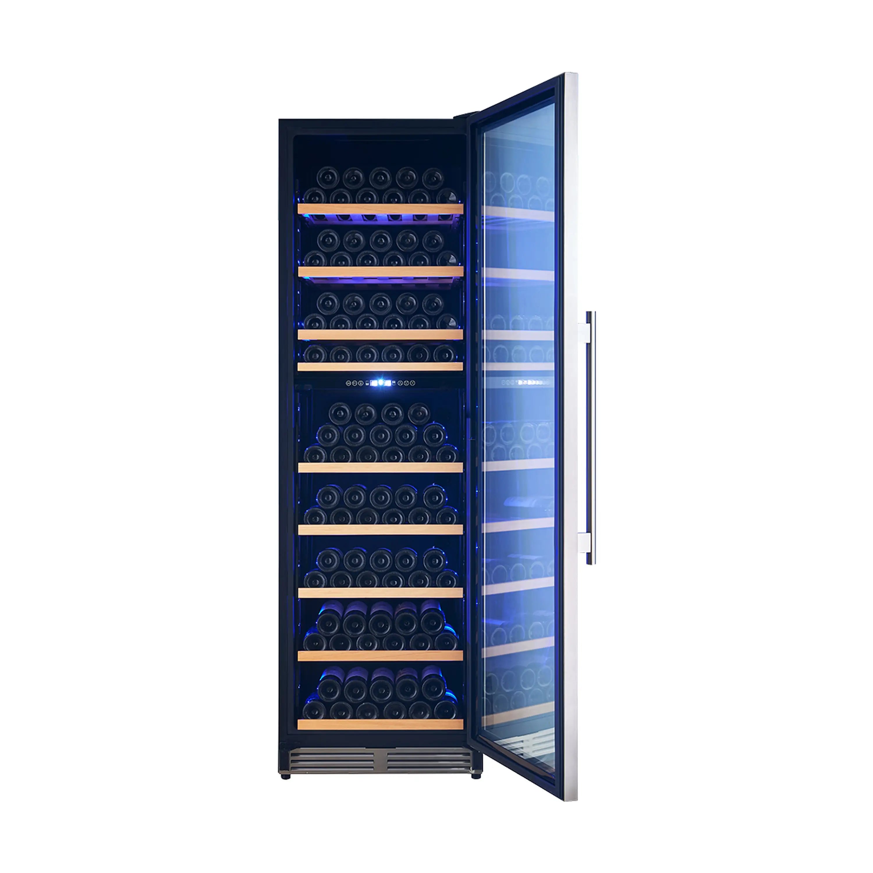 Wine cooler with glass door open, blue interior light, and multiple bottle racks