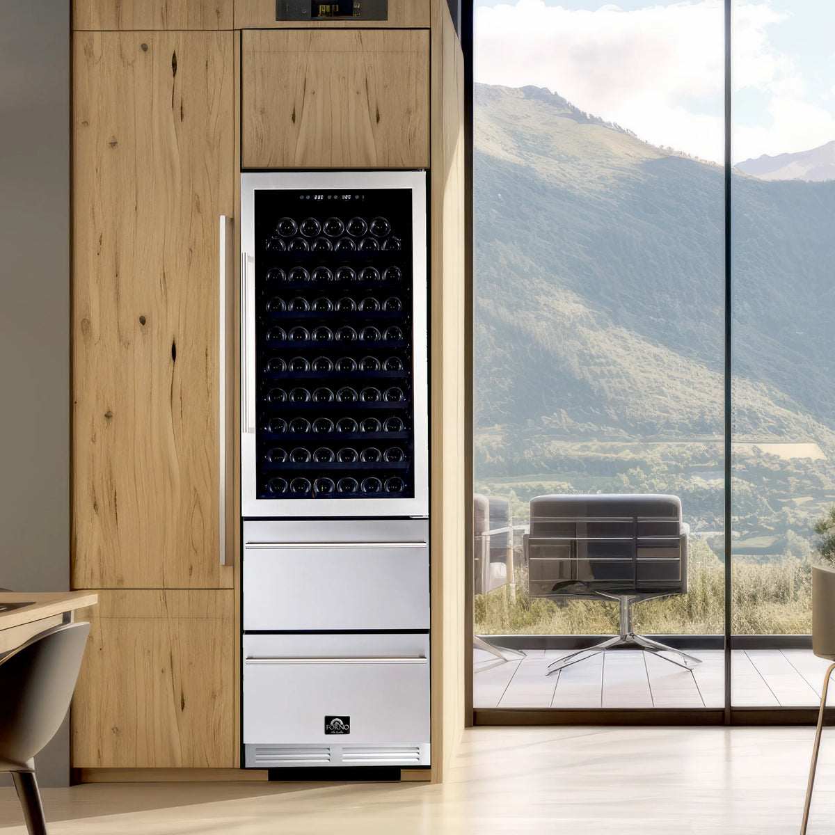 Forno 24-Inch Built-In Compressor Wine Cooler - Dual Zone - 108 Bottles in Stainless Steel shown in a styled kitchen