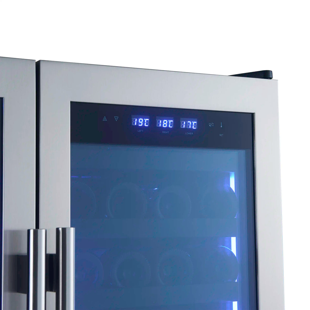 Wine cooler control panel with digital display and blue LED indicator lights.
